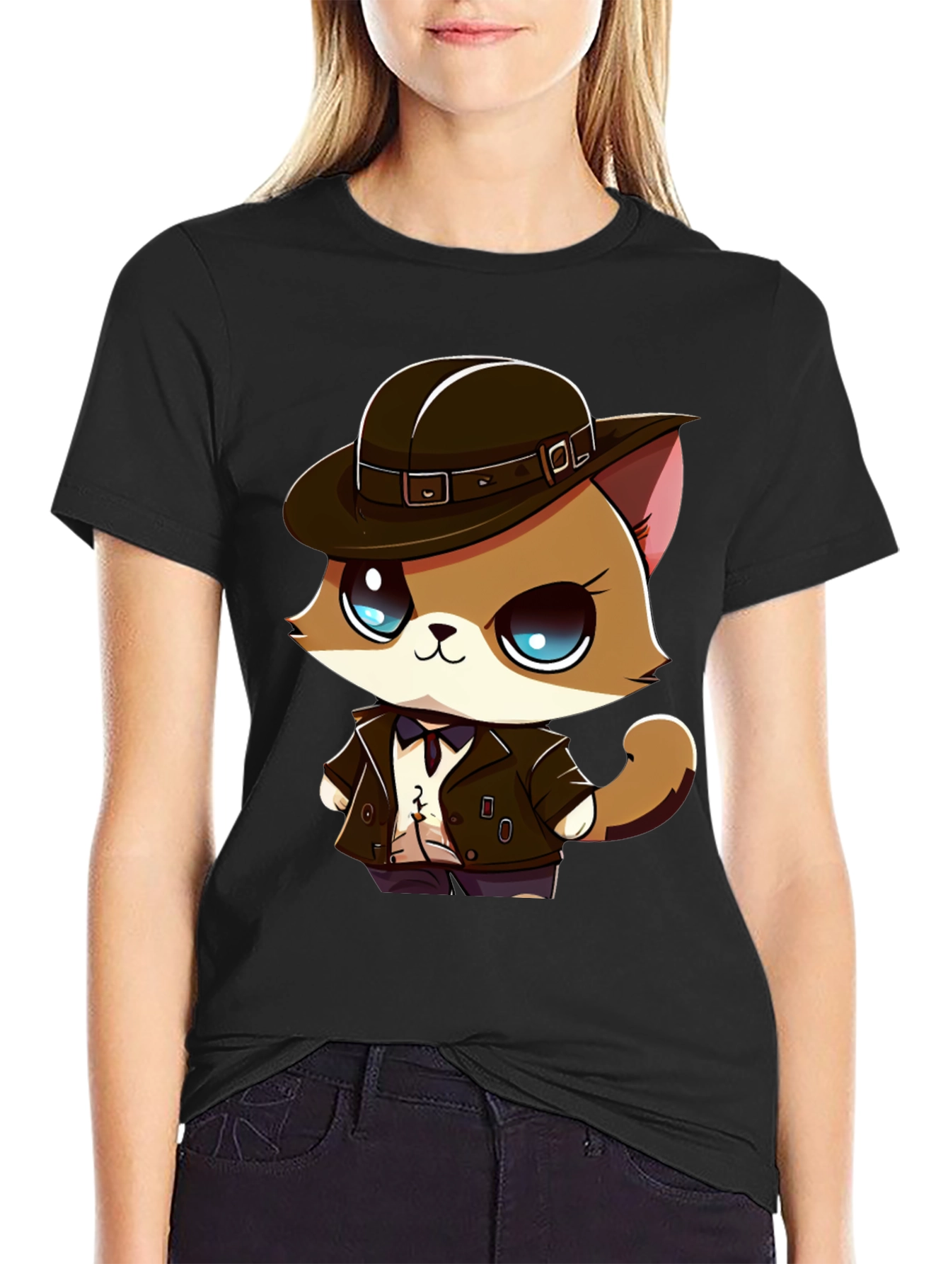 Detective Cat Cartoon T-Shirt - Black