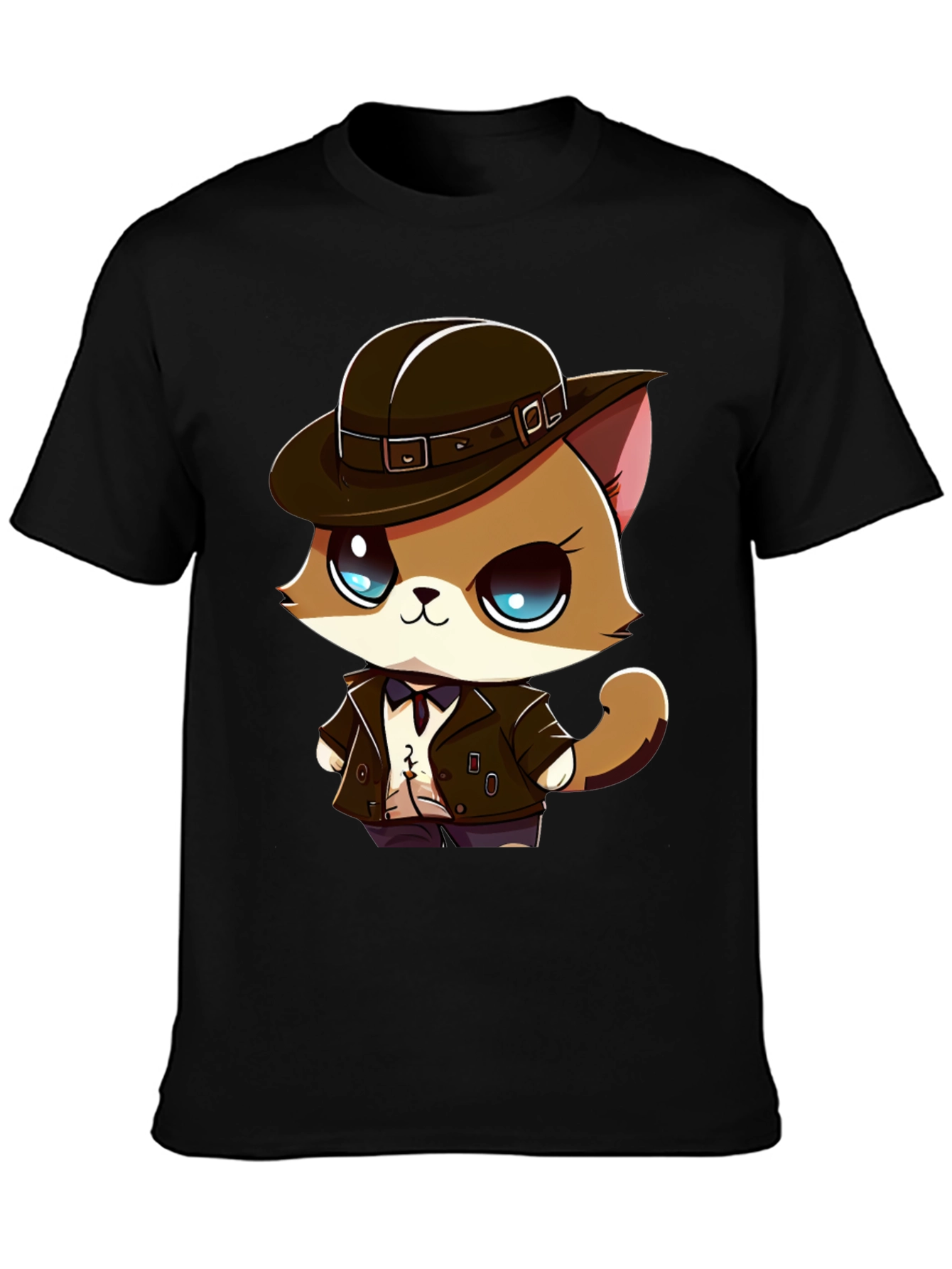 Detective Cat Cartoon T-Shirt - Black