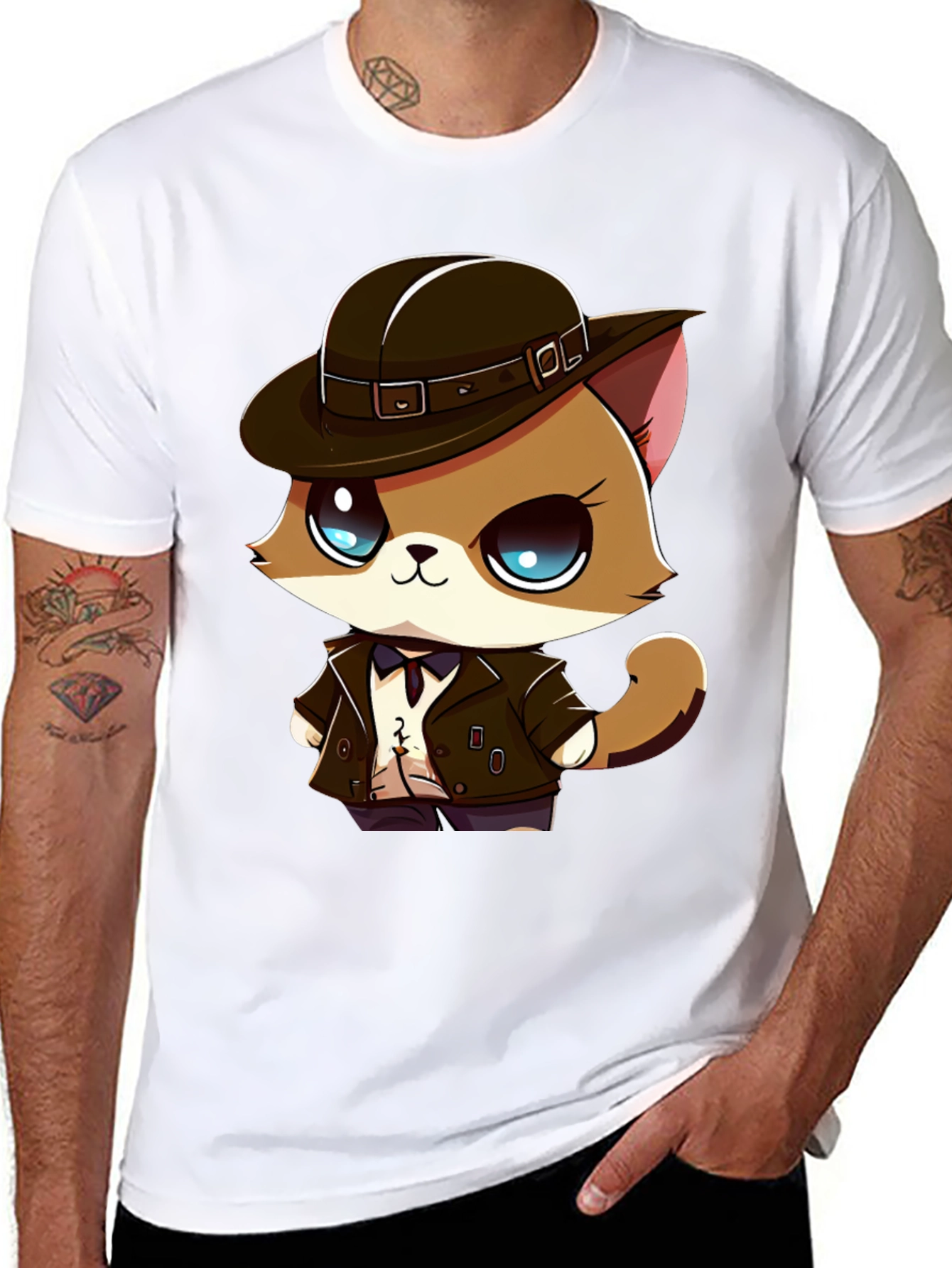 Detective Cat Cartoon T-Shirt - Black