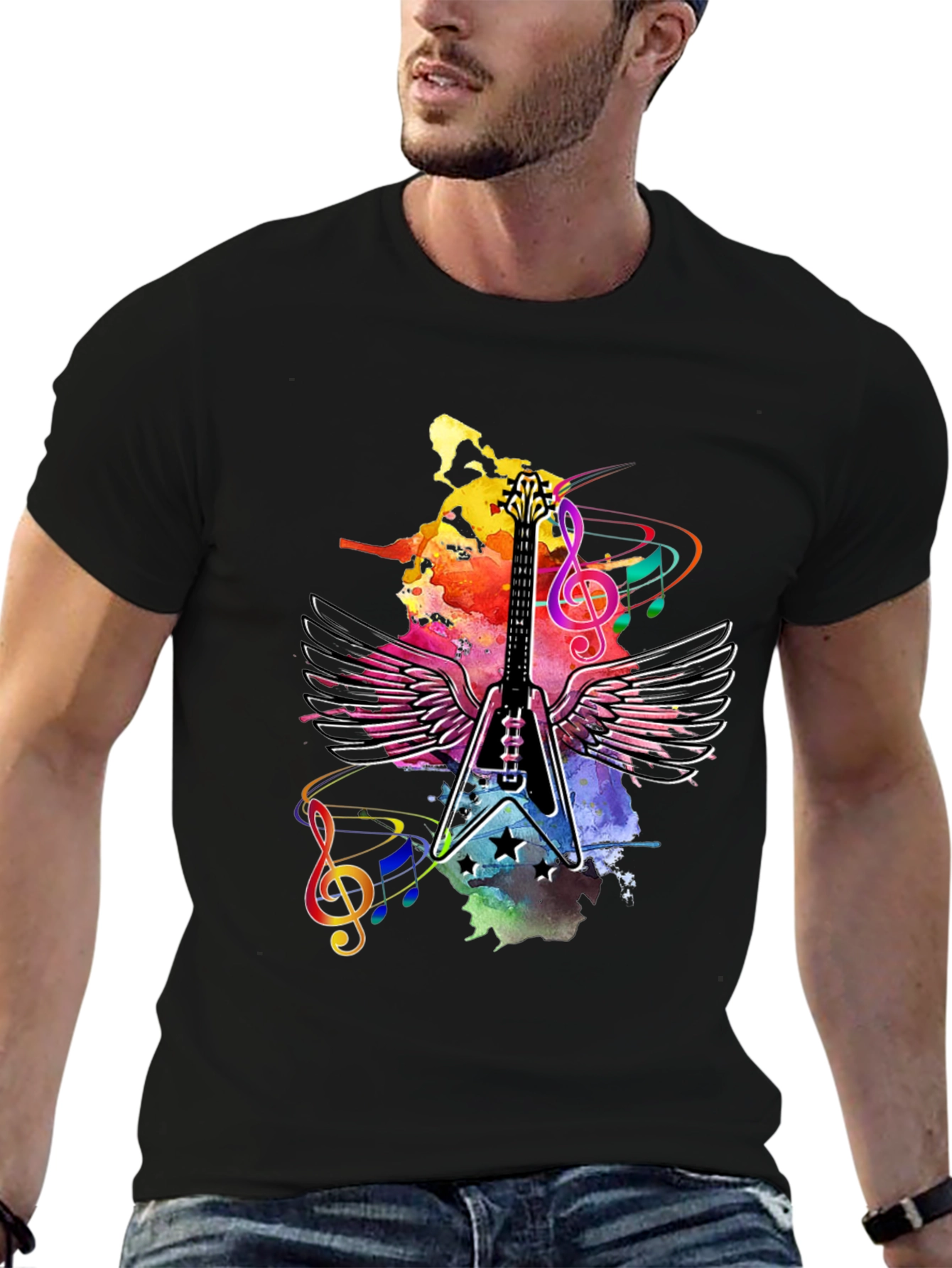 Guitar Wings Mens Black Graphic Tee