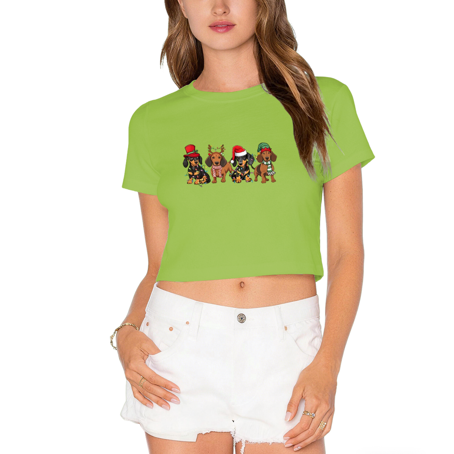 Four Festive Holiday Dachshunds Cute Christmas Crop Top