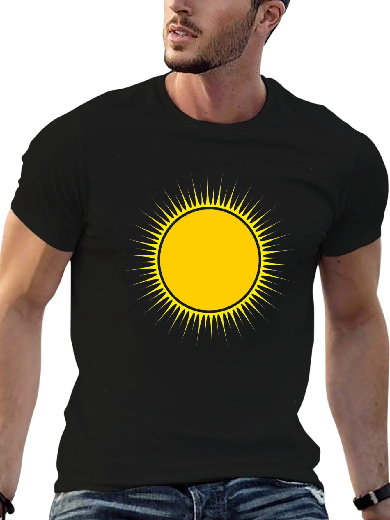 Mens Black T-Shirt with Yellow Sun Design