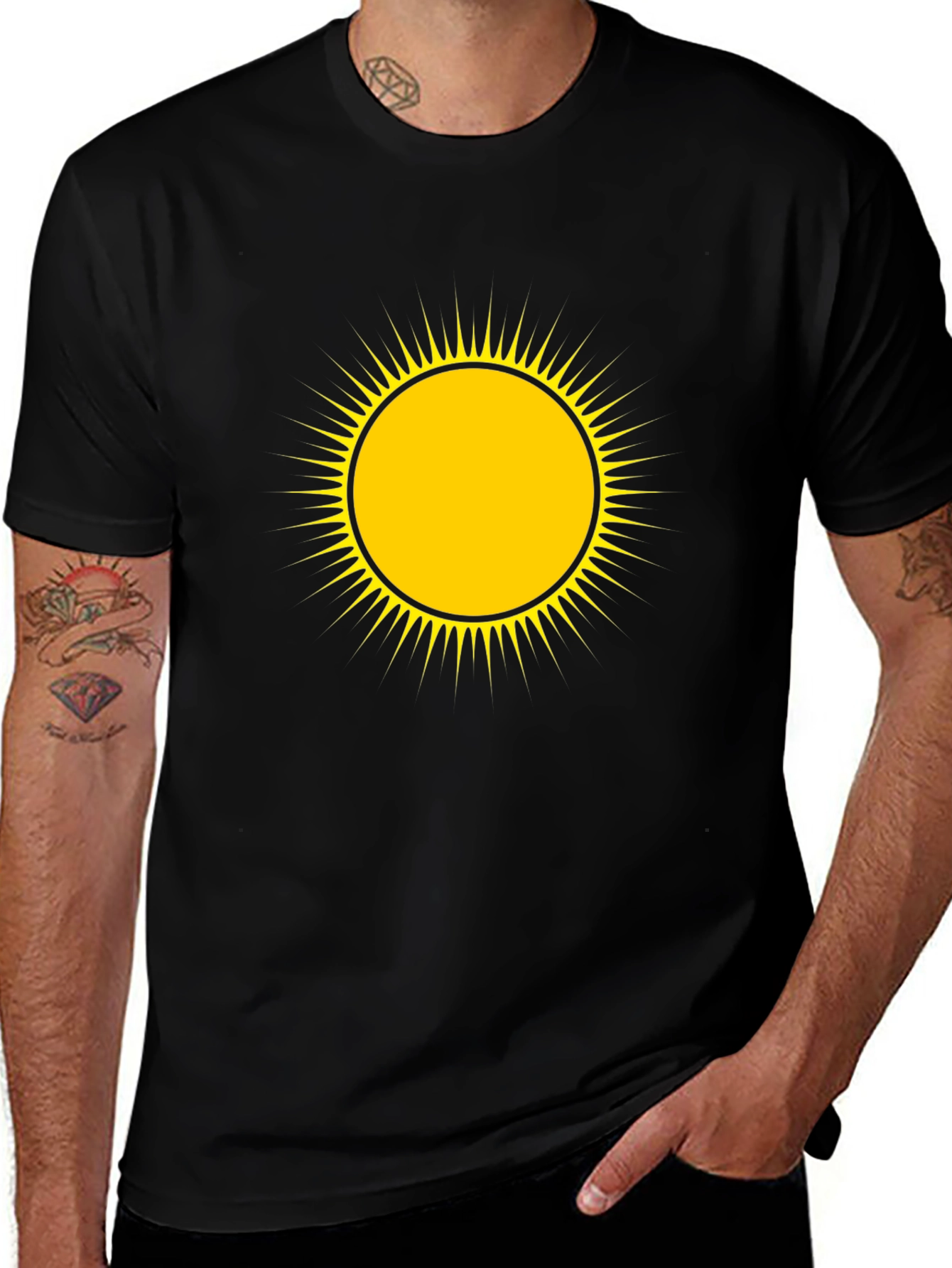 Mens Black T-Shirt with Yellow Sun Design
