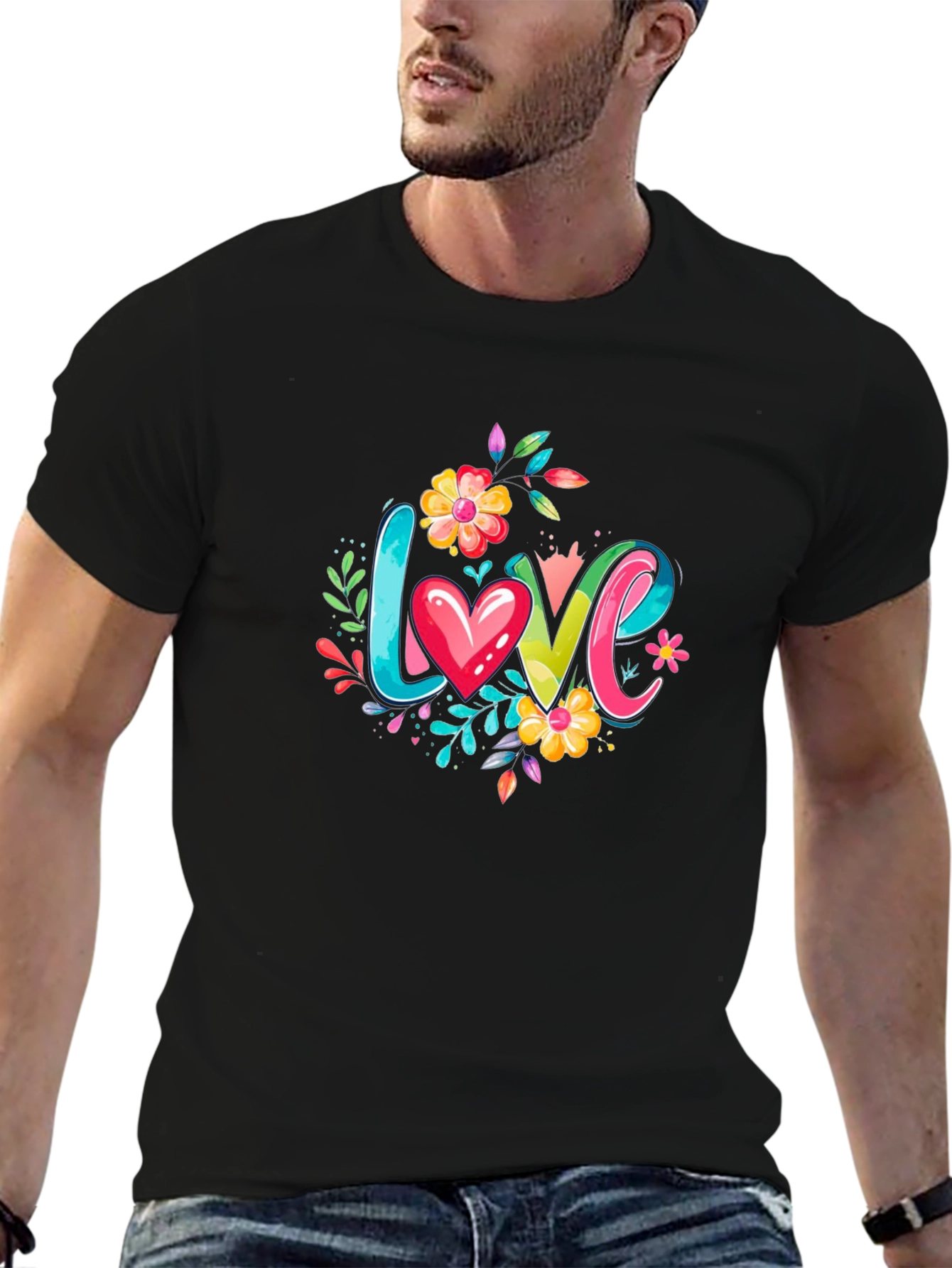 Love Floral Graphic Black T-Shirt