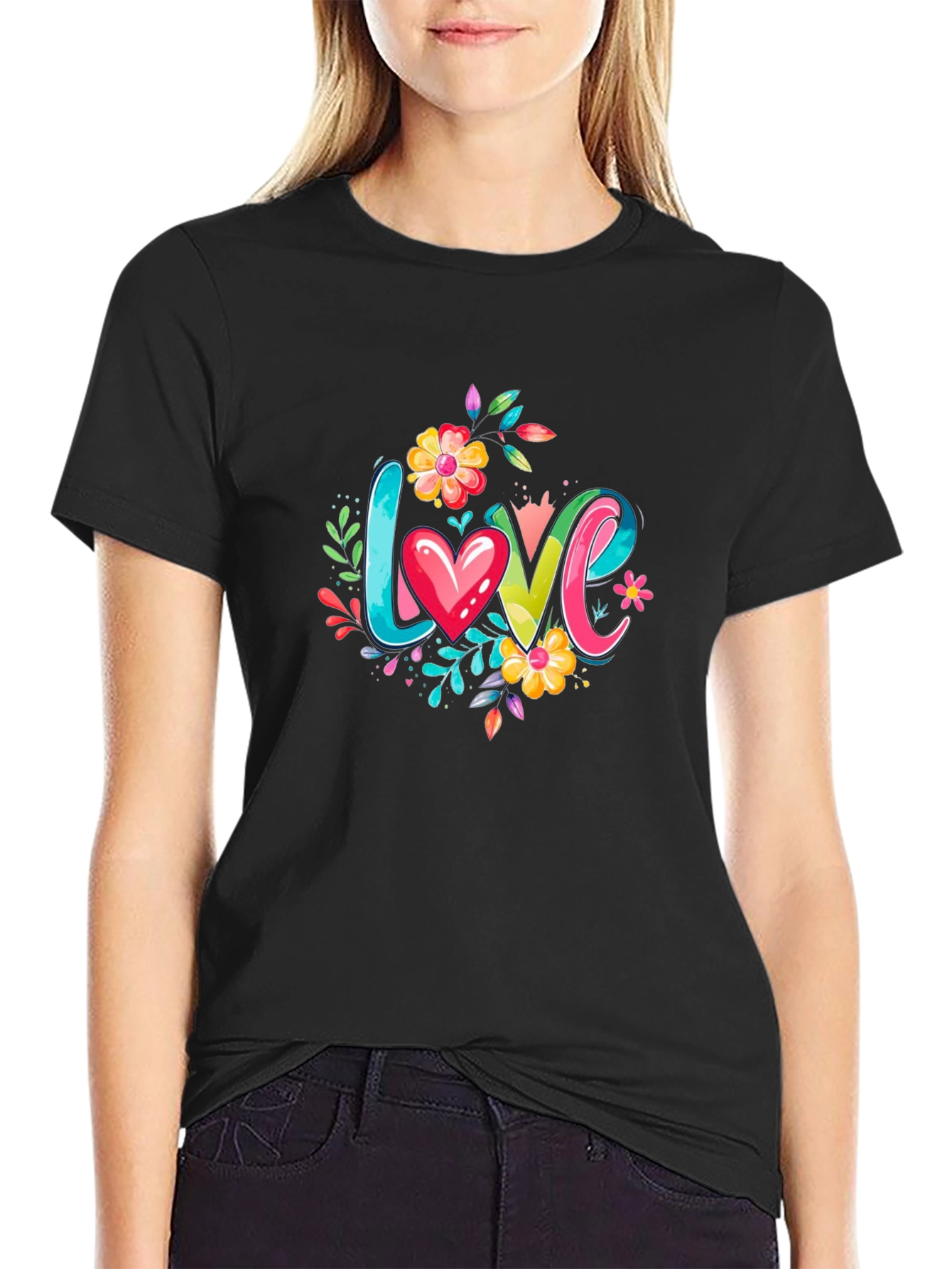 Love Floral Graphic Black T-Shirt