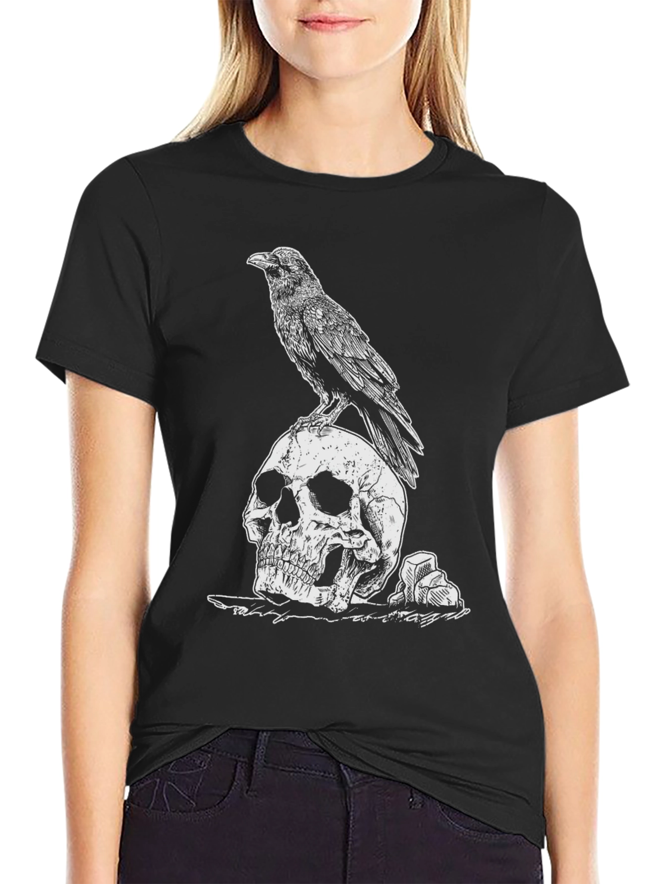 Raven on Skull Graphic Tee - Black