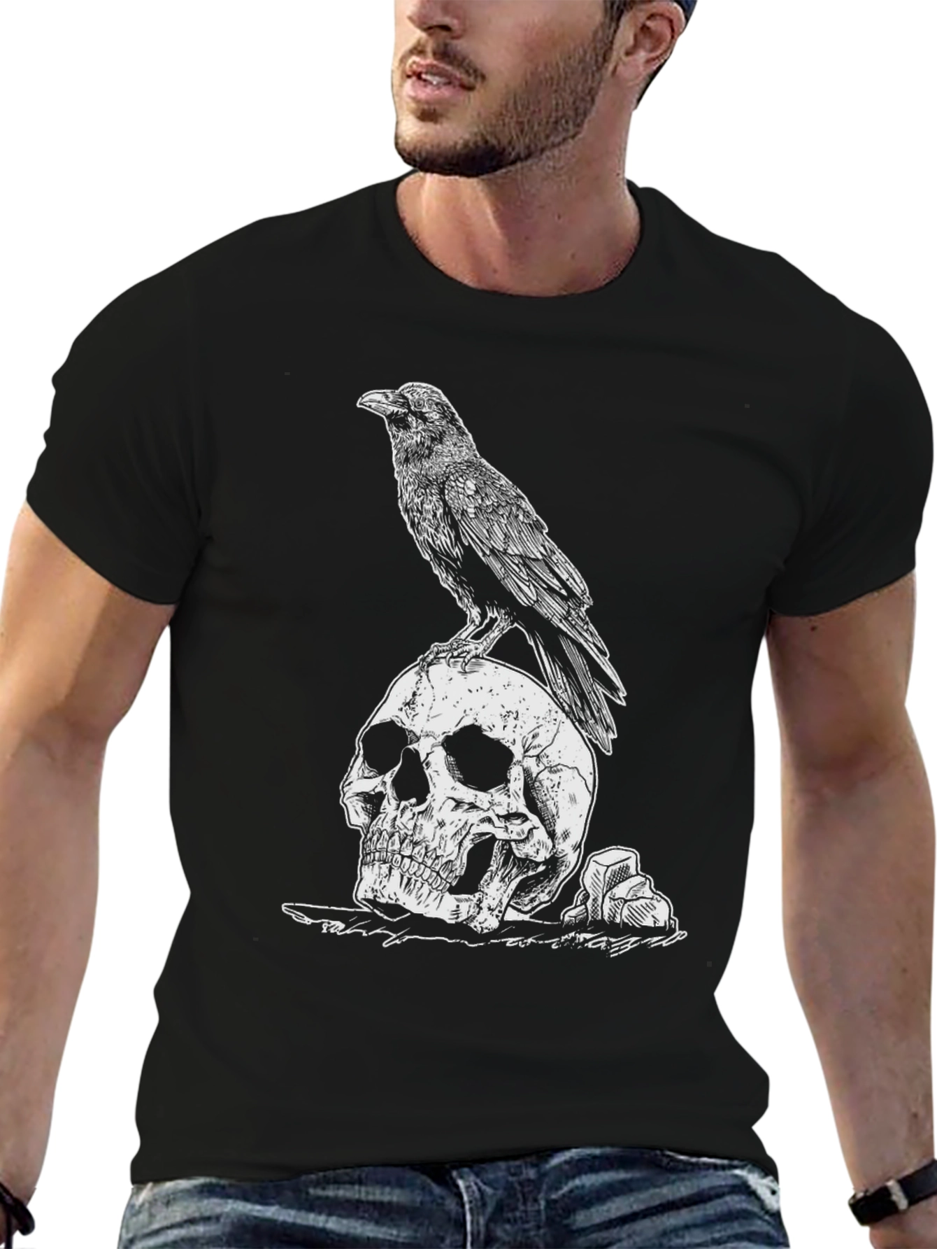 Raven on Skull Graphic Tee - Black