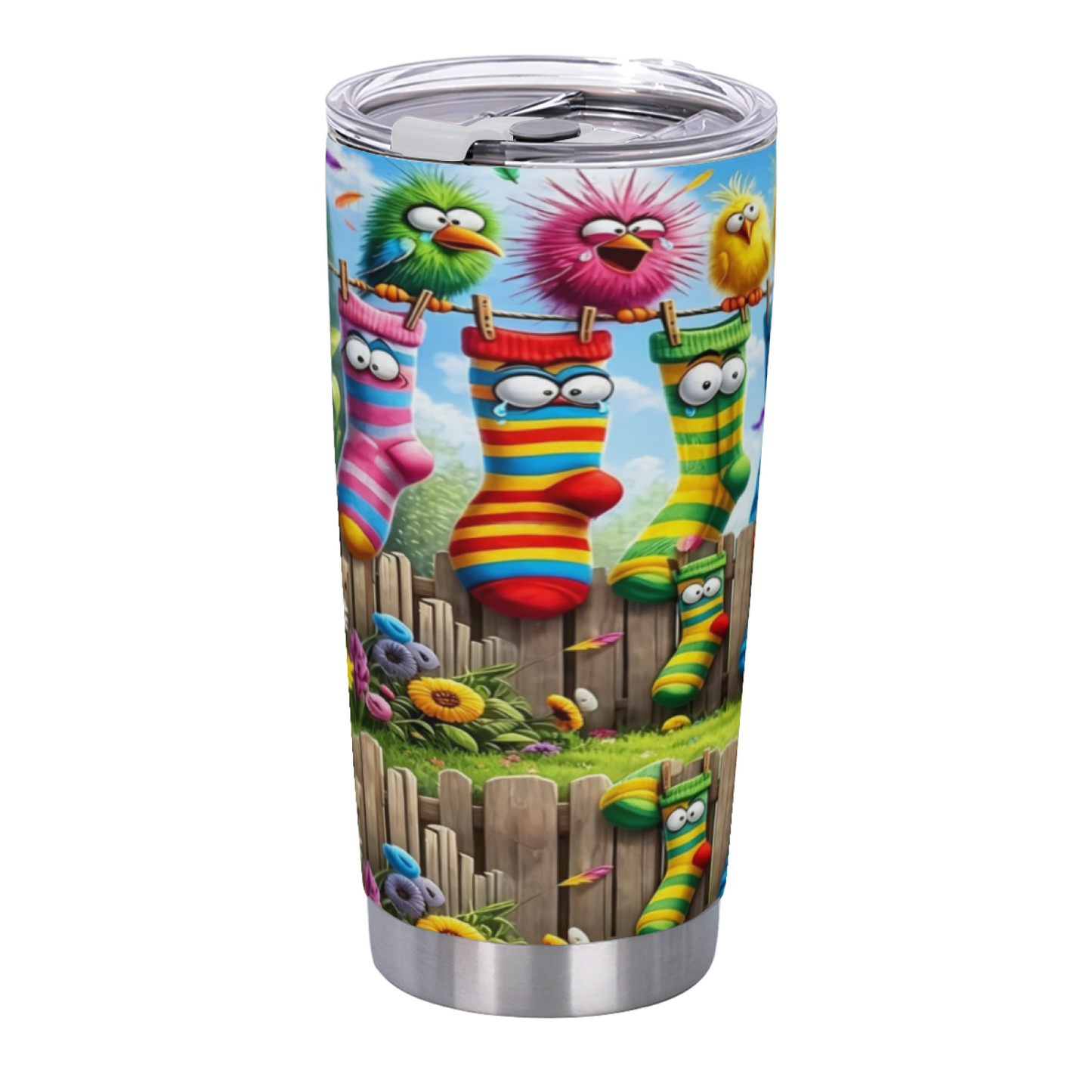 Funny Cartoon Birds & Striped Socks Fence Whimsical Tumbler