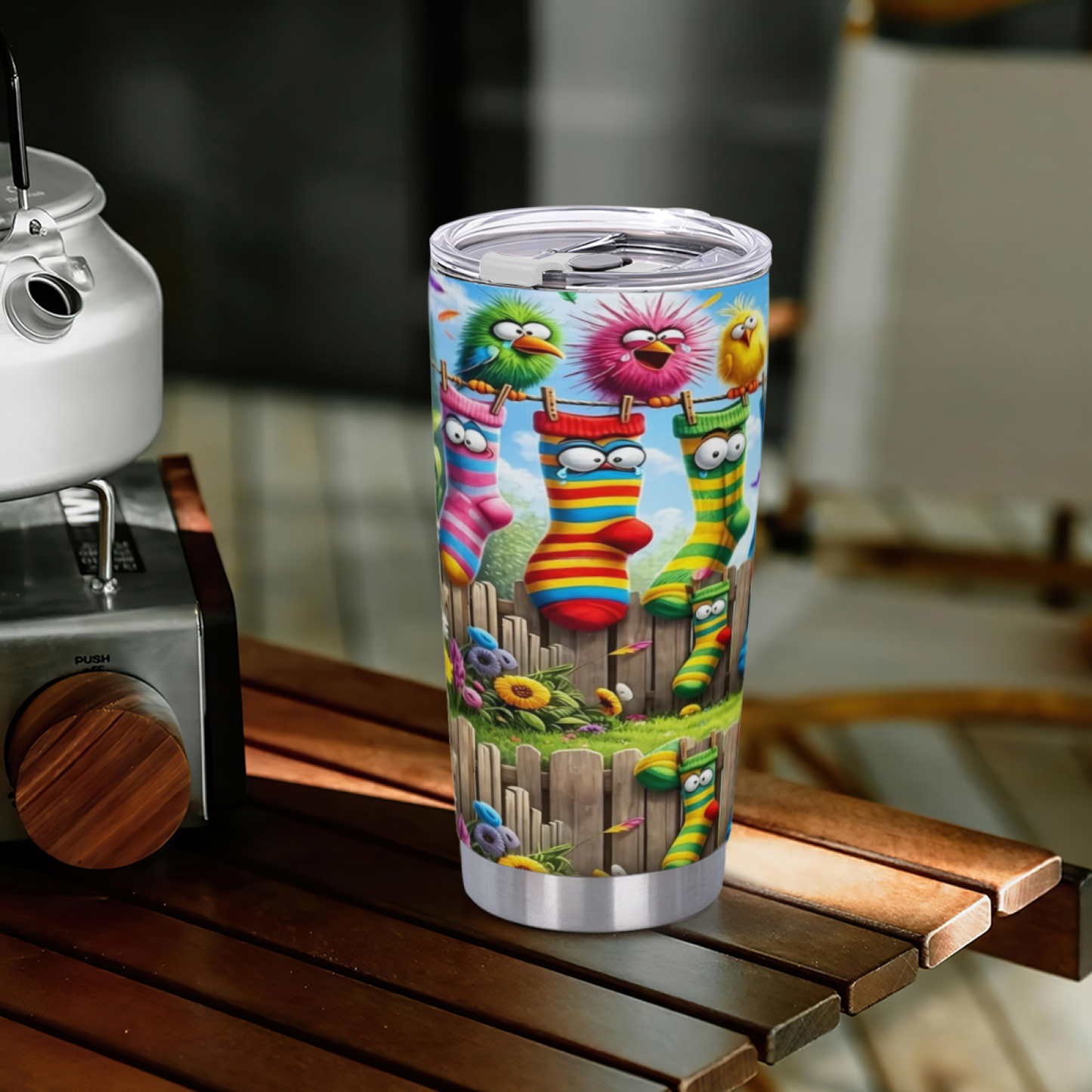 Funny Cartoon Birds & Striped Socks Fence Whimsical Tumbler