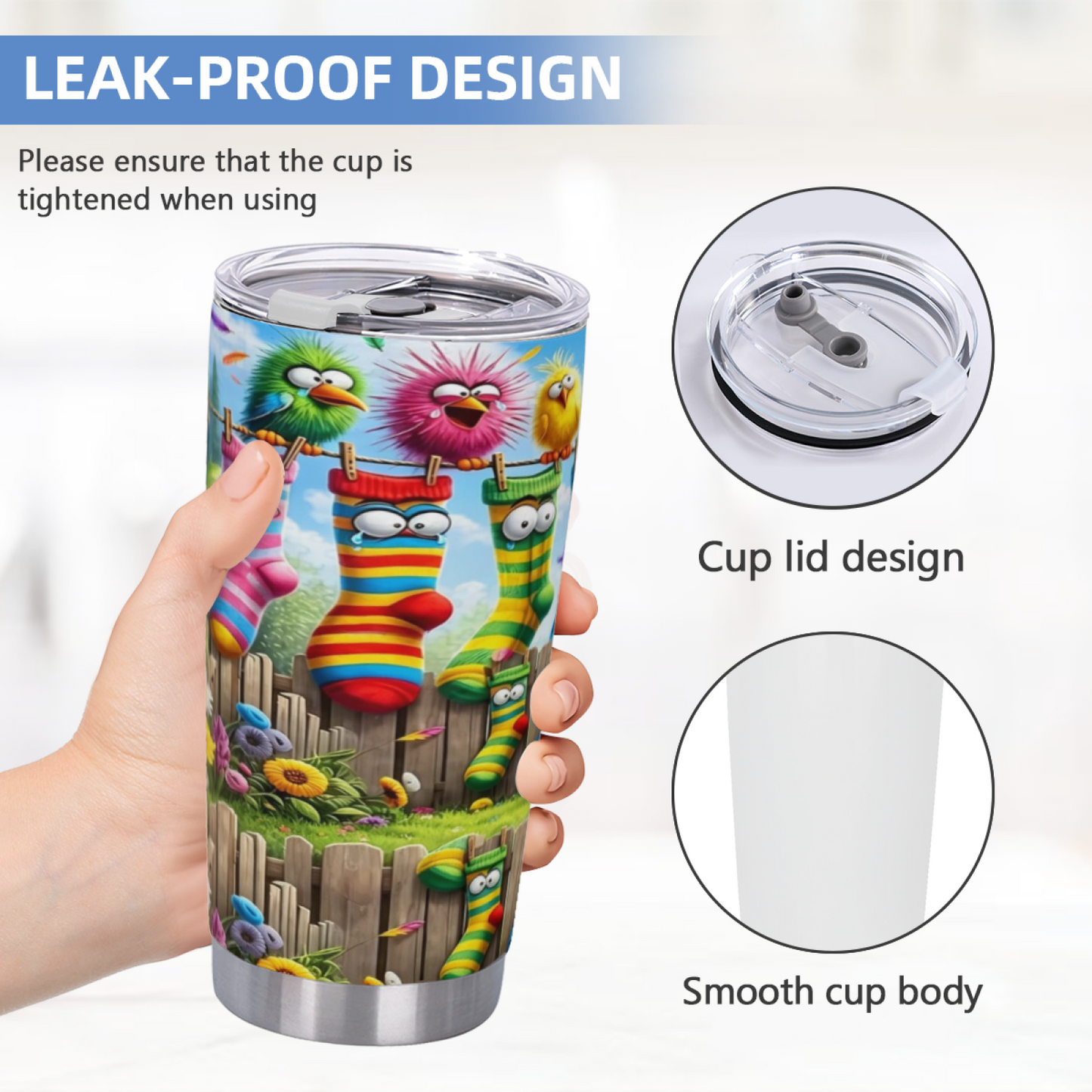 Funny Cartoon Birds & Striped Socks Fence Whimsical Tumbler