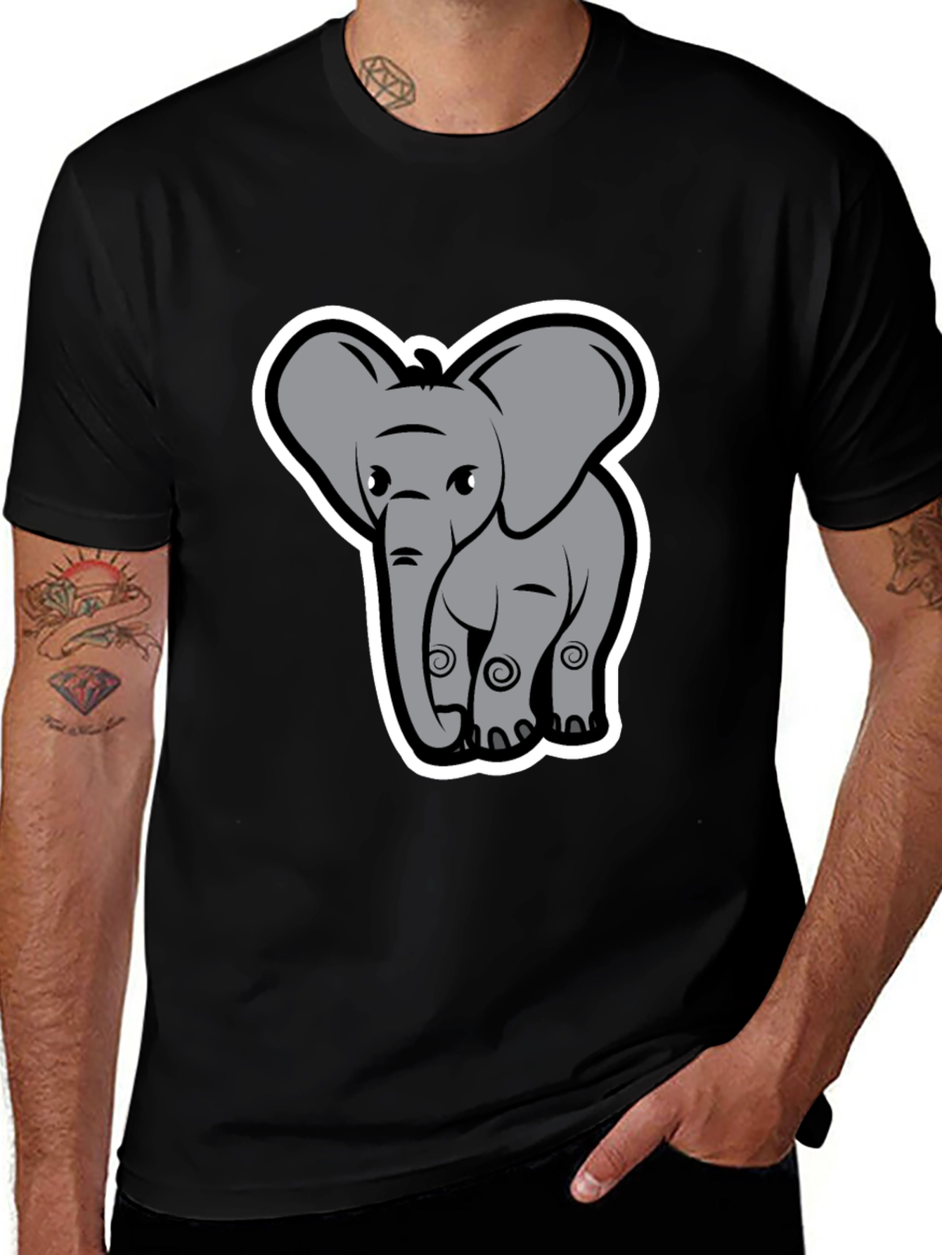 Elephant Cartoon Graphic Tee - Black
