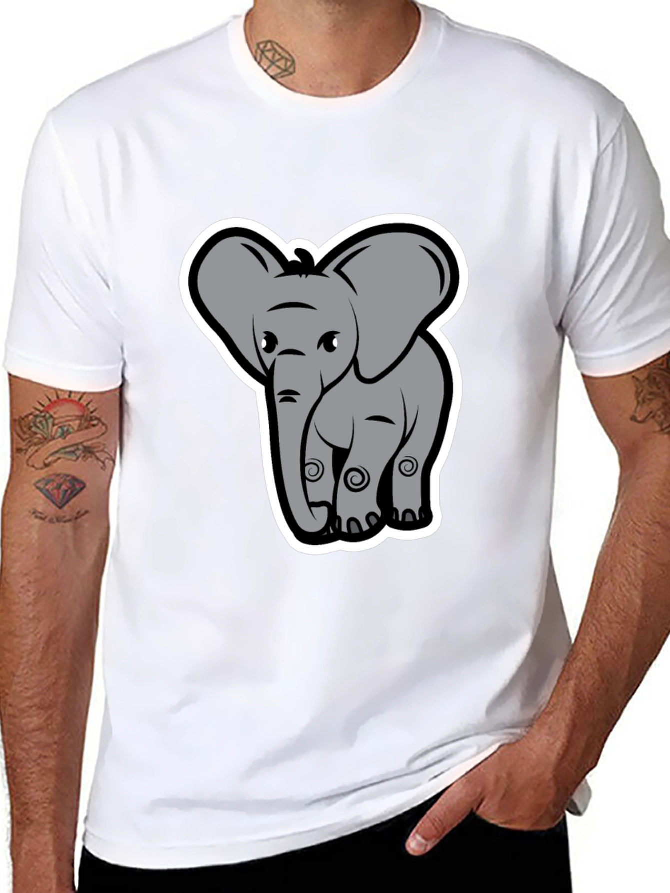 Elephant Cartoon Graphic Tee - Black