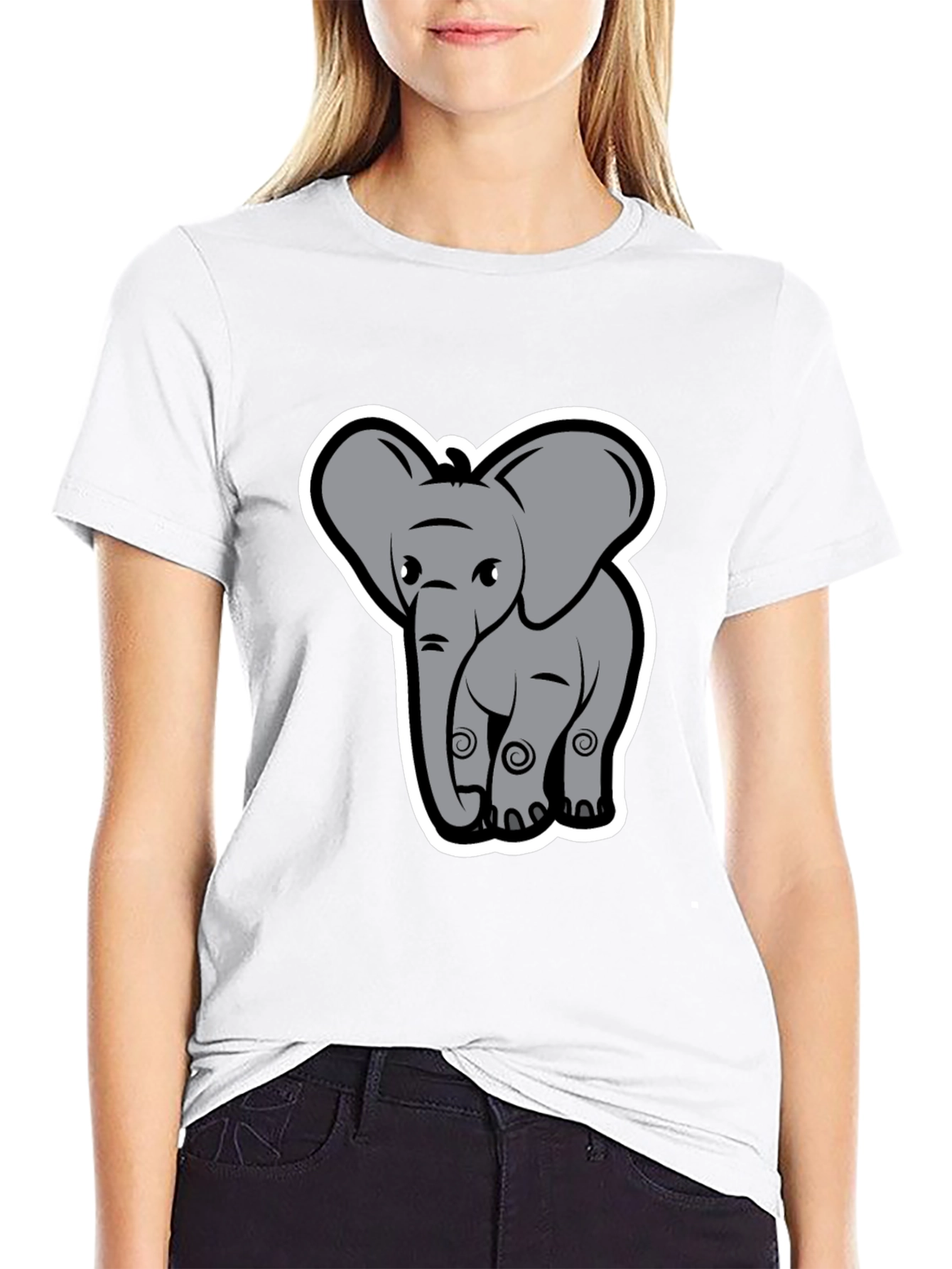 Elephant Cartoon Graphic Tee - Black