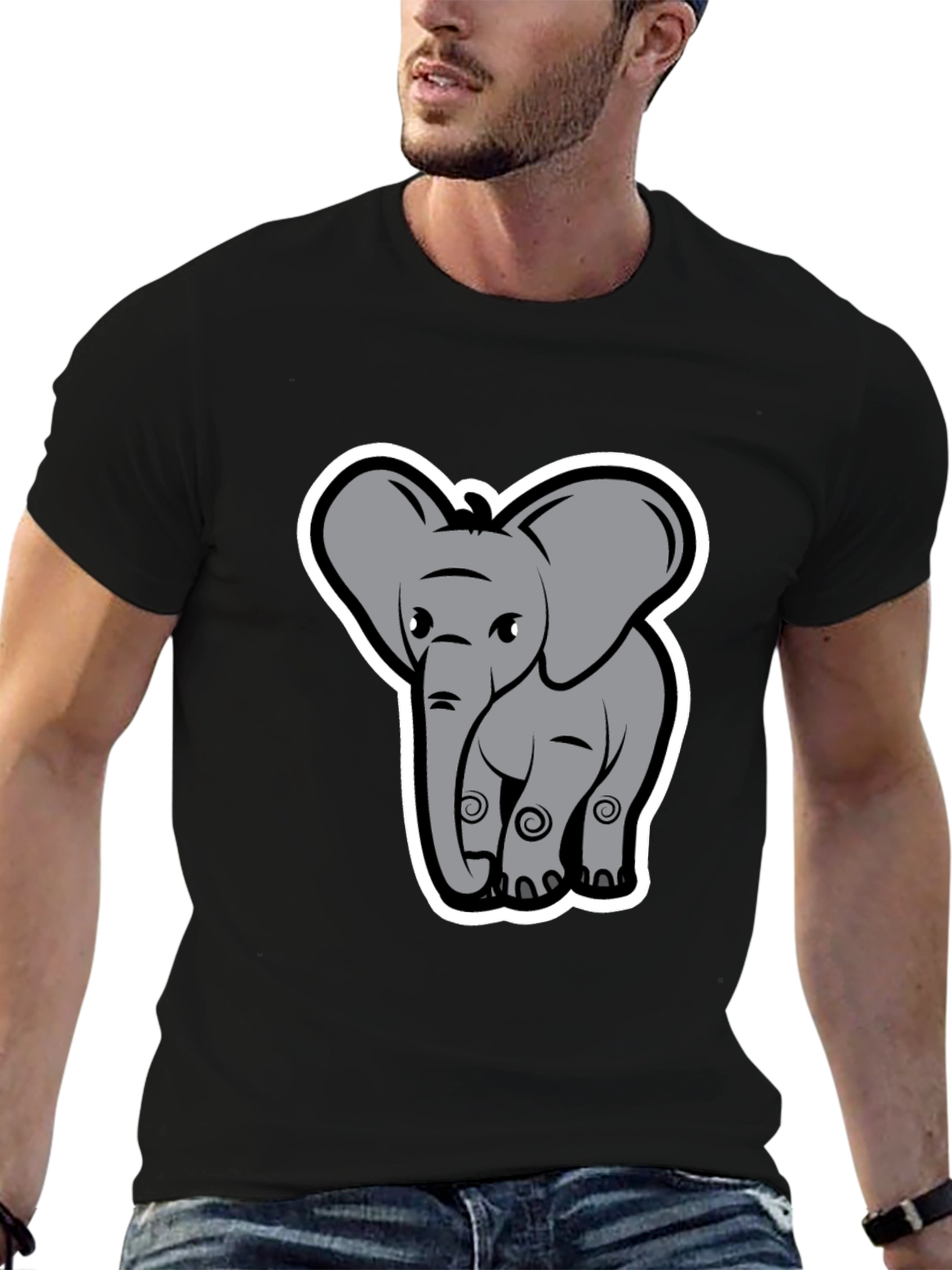 Elephant Cartoon Graphic Tee - Black