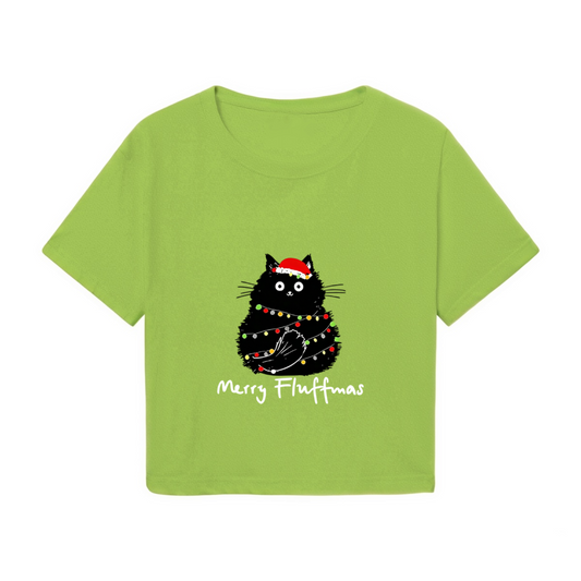 Merry Fluffmas Black Cat Tangled In Xmas Lights Cute Holiday Crop Tee