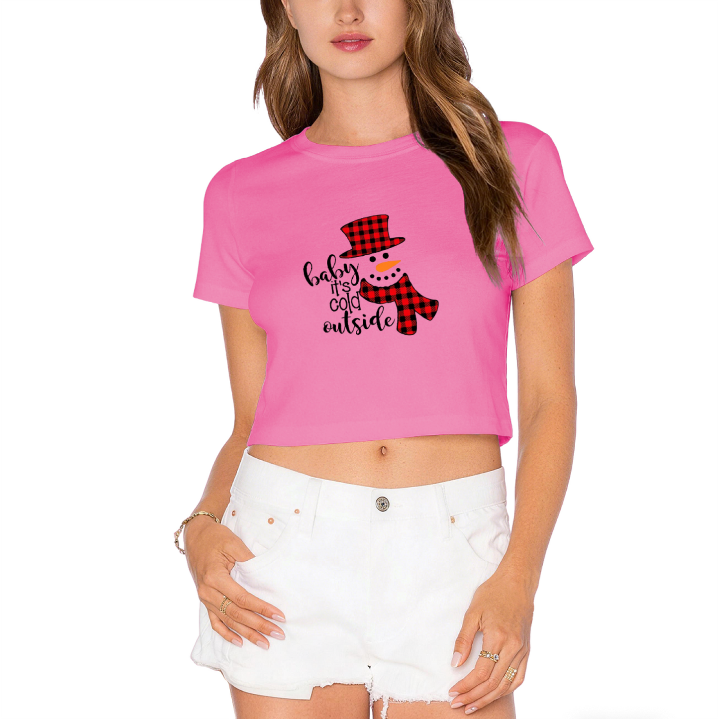 Baby It¡¯s Cold Outside Buffalo Plaid Snowman Holiday Crop Top
