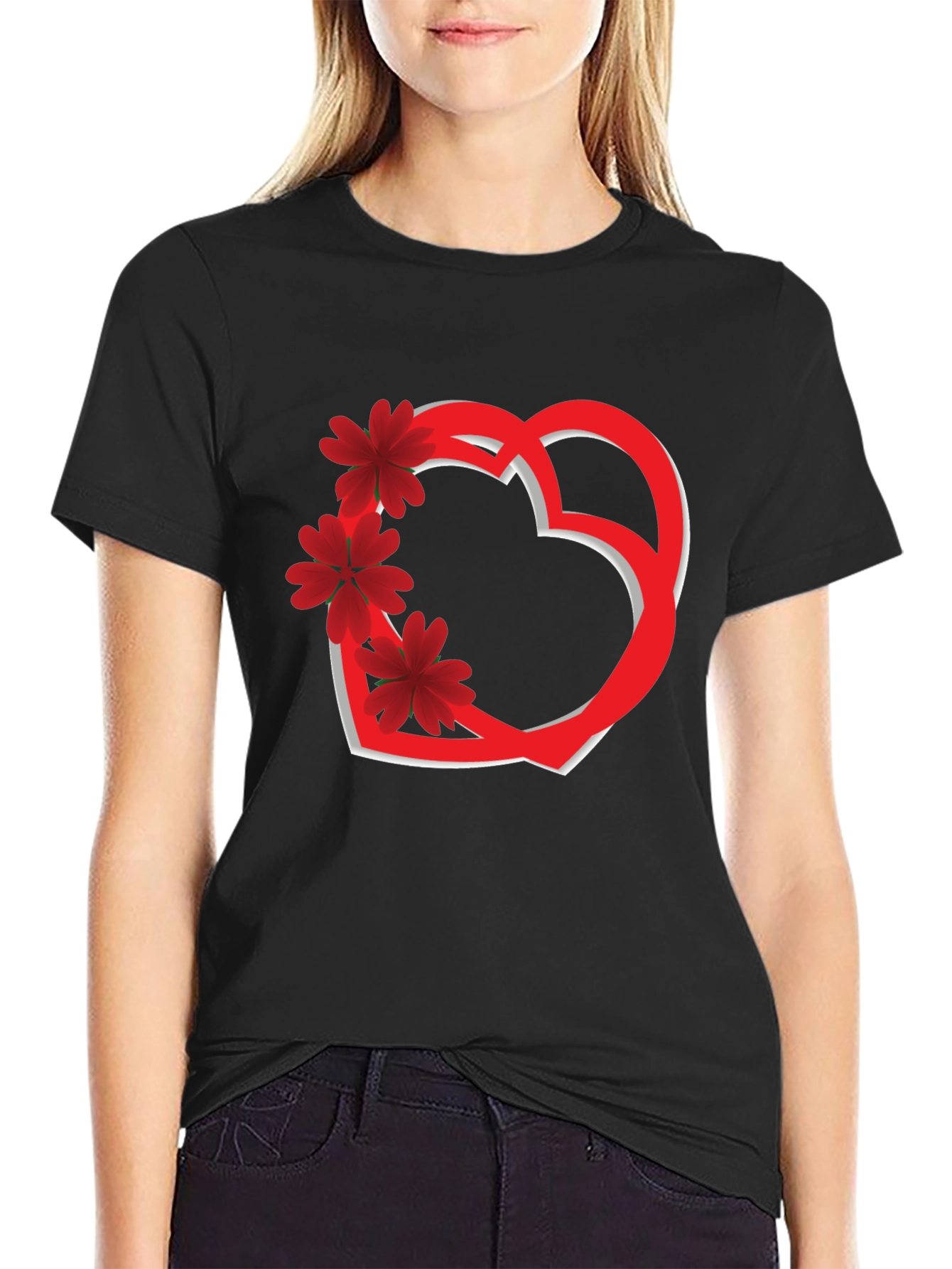 Heart & Flowers Graphic Tee - Black