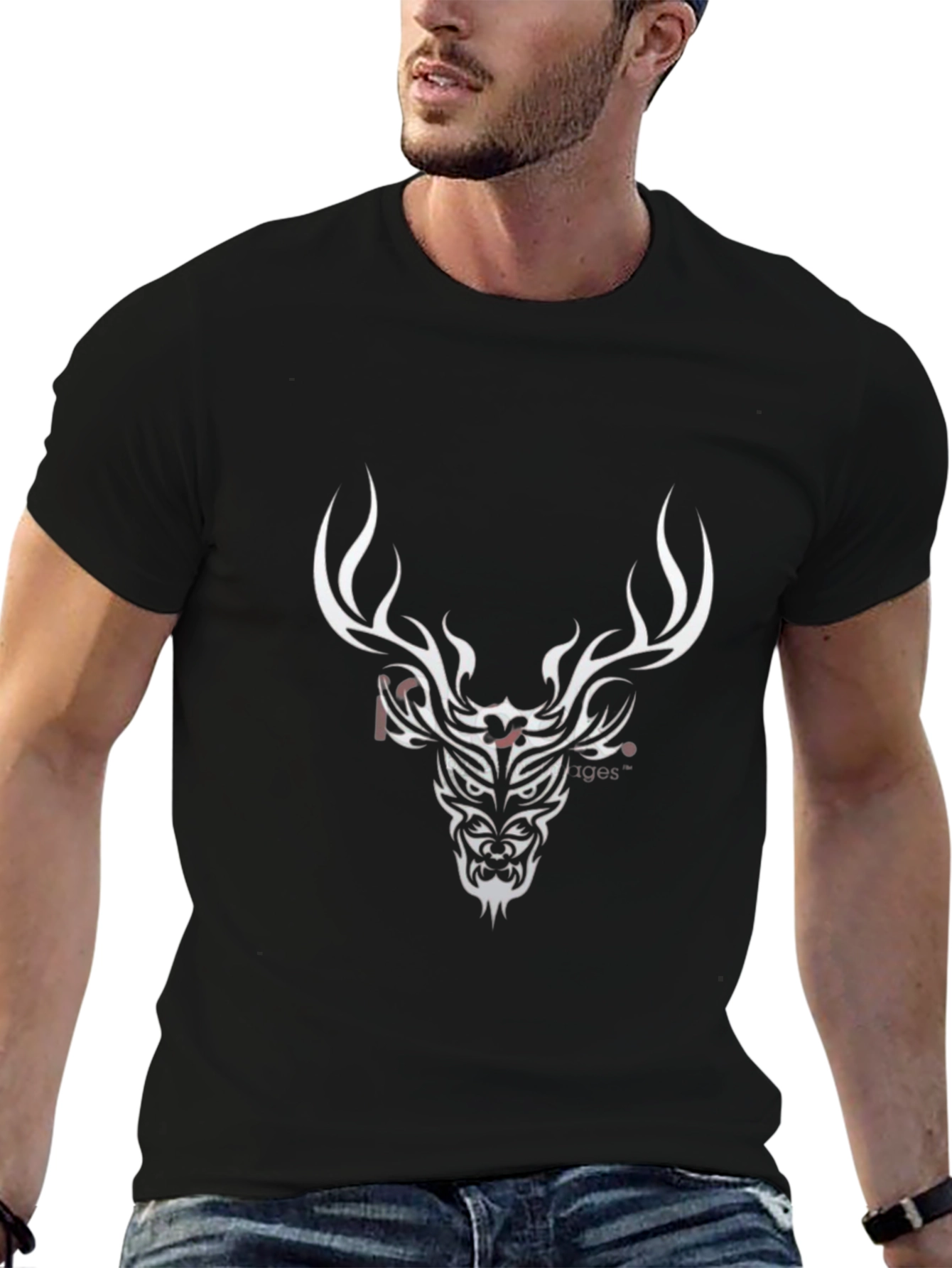 Black T-Shirt with Deer Tribal Design
