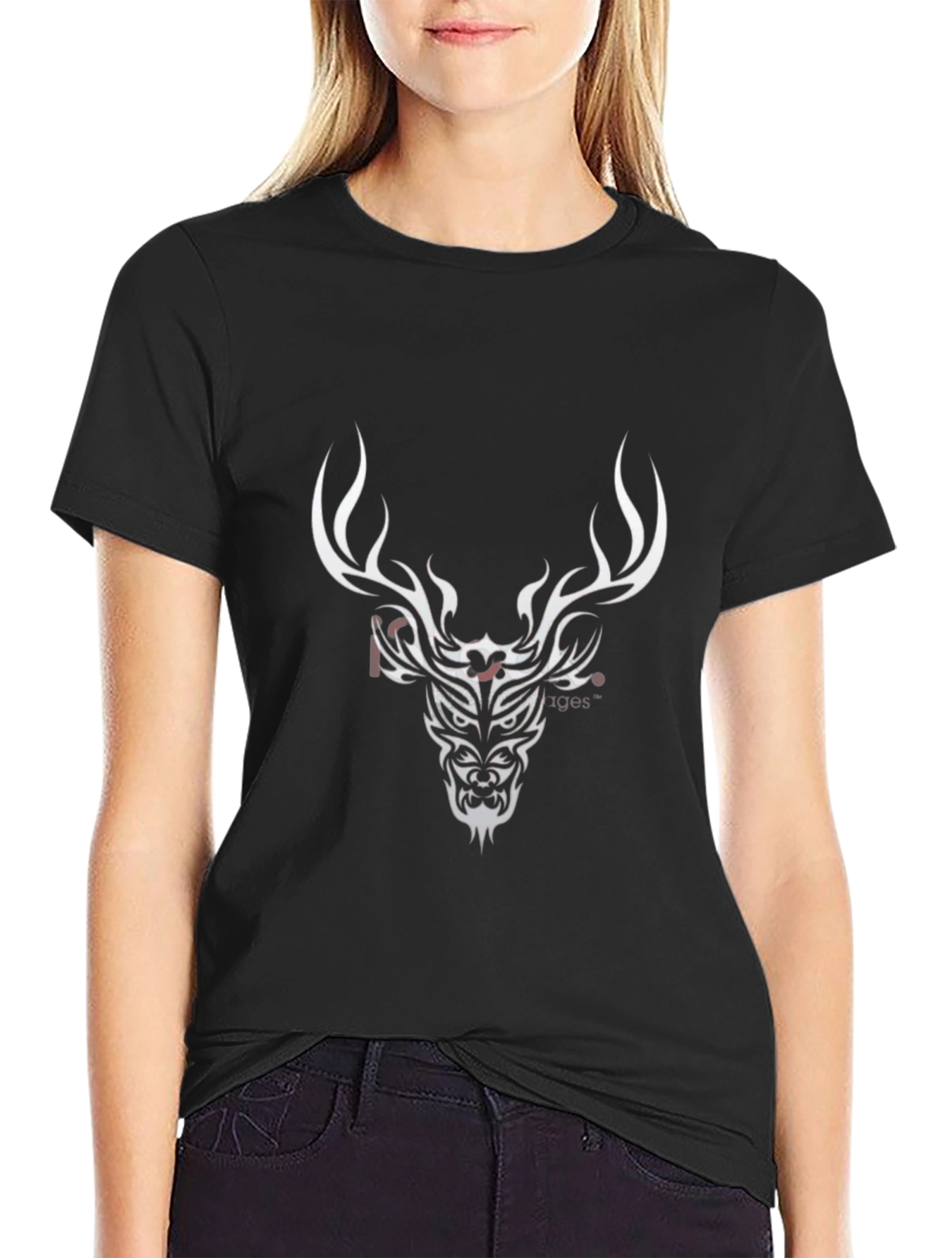 Black T-Shirt with Deer Tribal Design