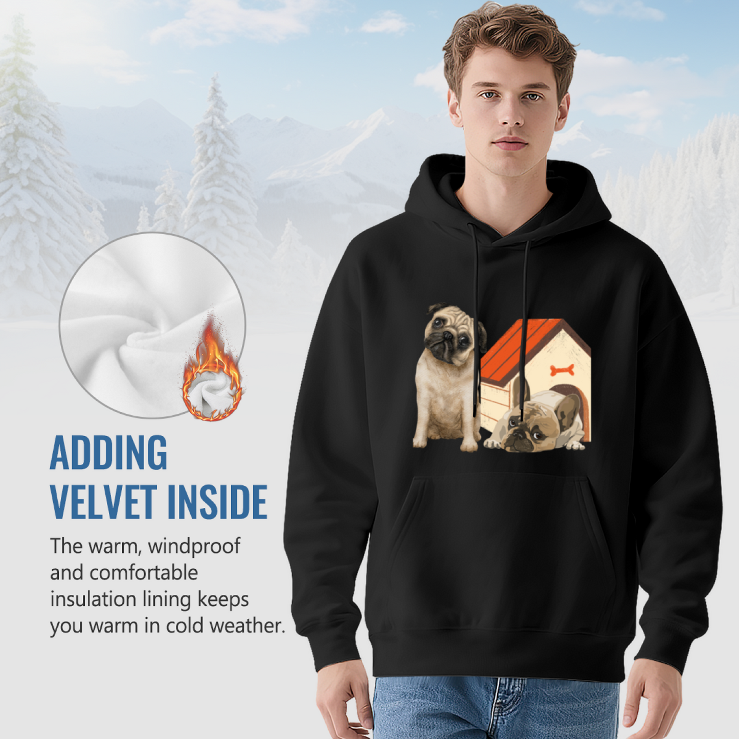 Two Cute Pugs Pet Lover Cozy Black Hoodie, Daily Relax Top