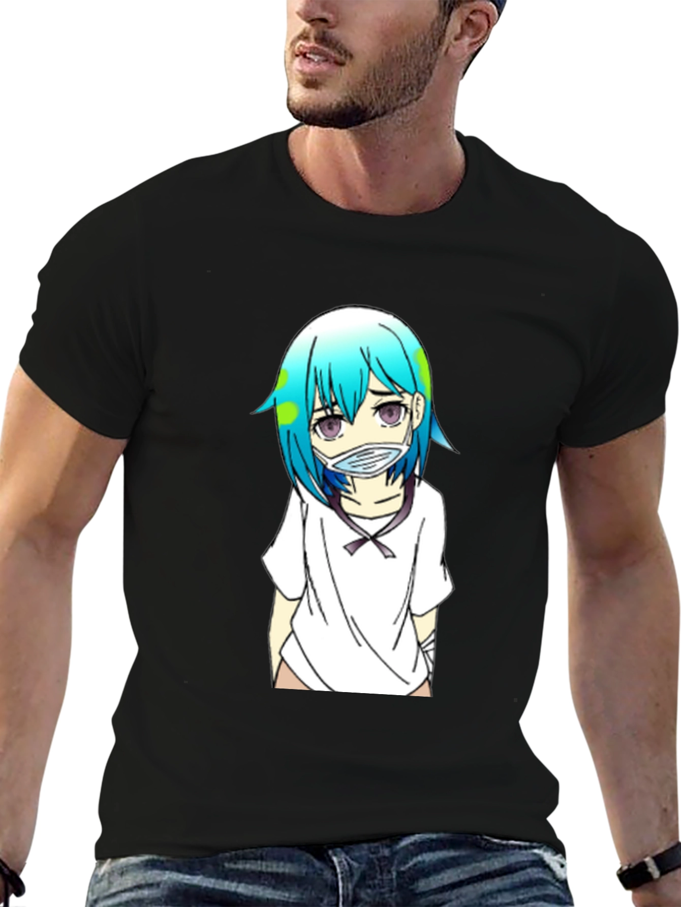 Earth-chan Masked Anime Graphic Black T-Shirt