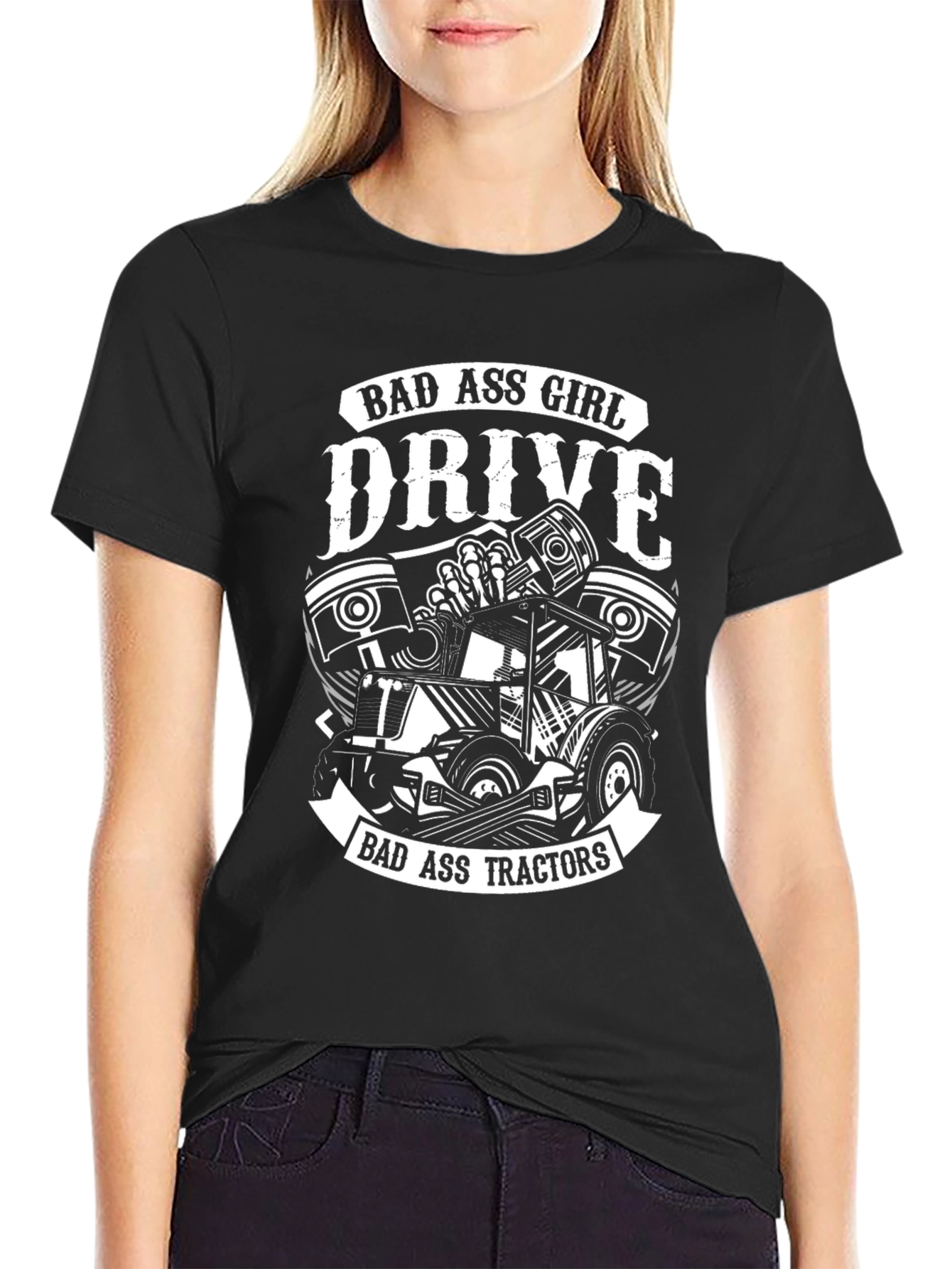 Bad Ass Girl Drive Tractors Black Tee
