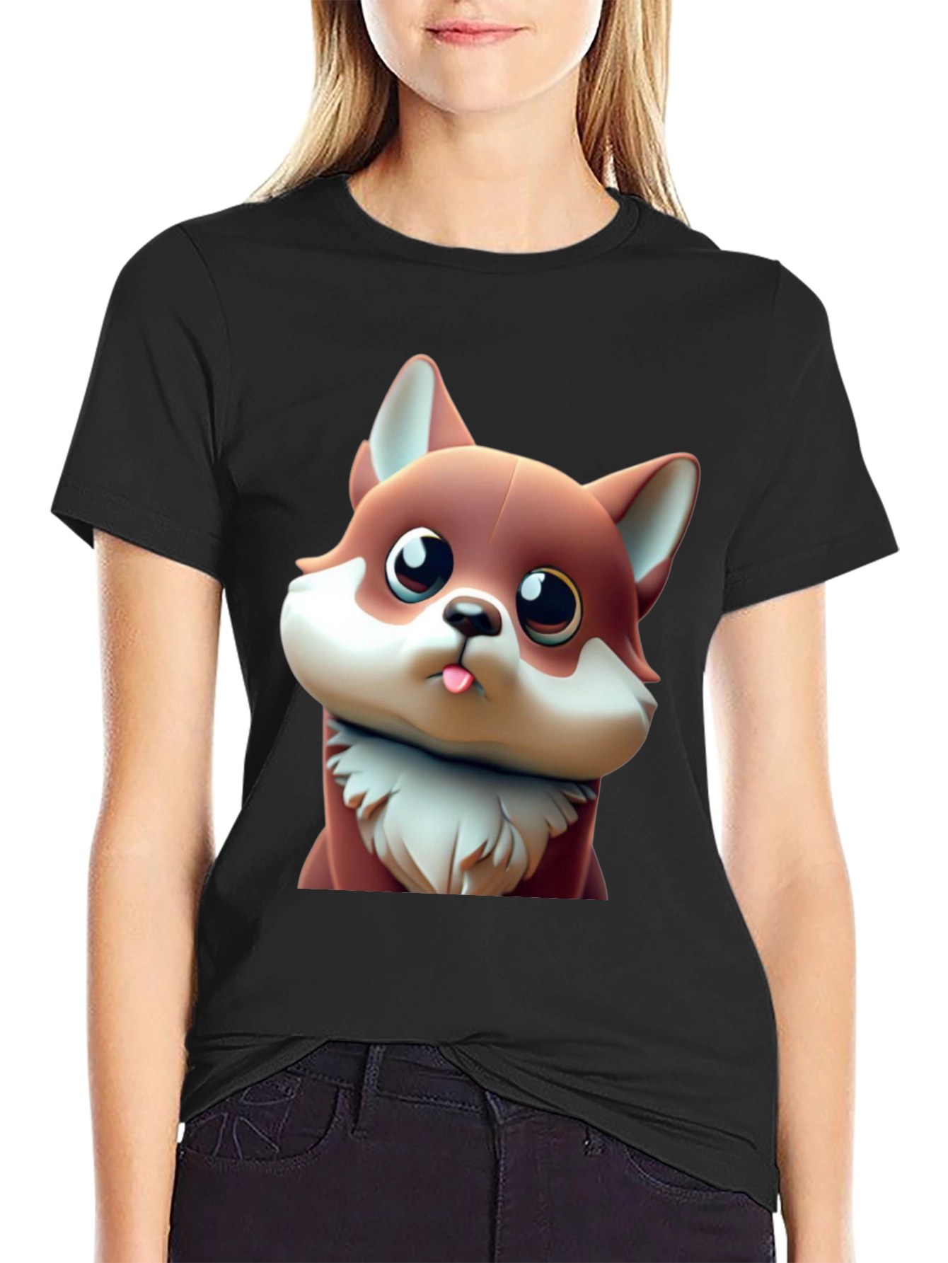 Cute Cartoon Fox Black T-Shirt