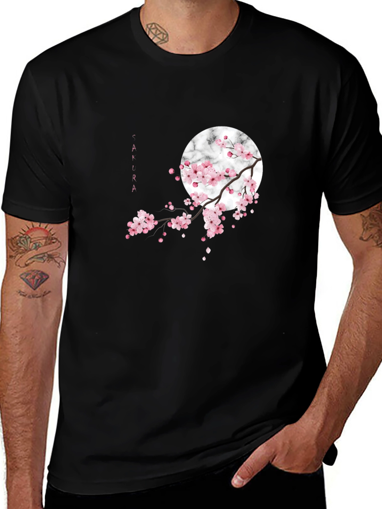 Sakura Blossom Graphic Tee - Black Cotton Casual Shirt