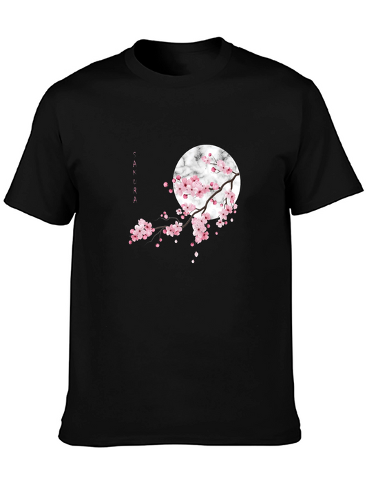 Sakura Blossom Graphic Tee - Black Cotton Casual Shirt