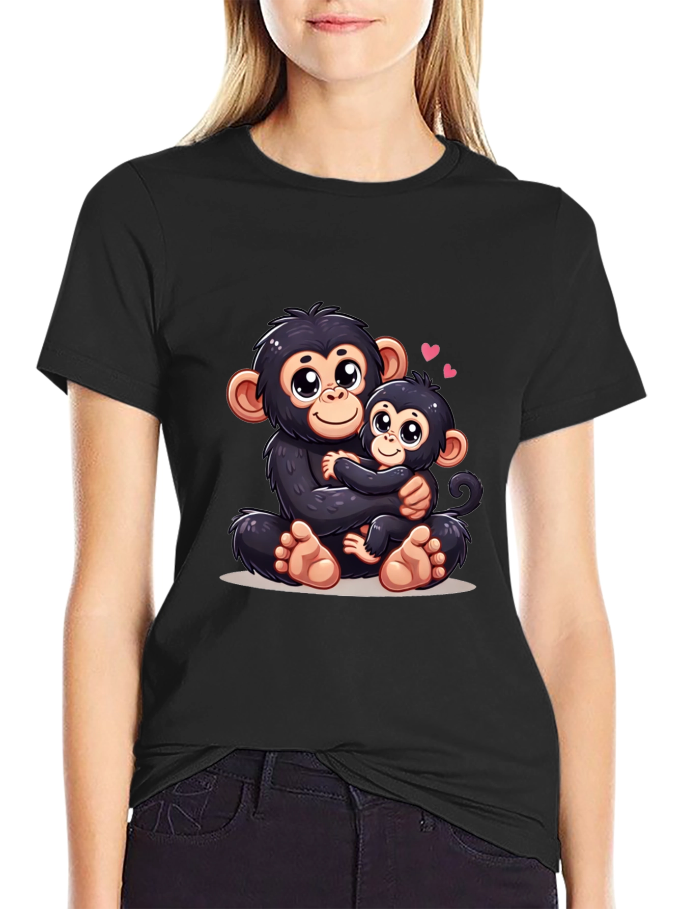 Cute Monkey Mom & Baby Black T-Shirt