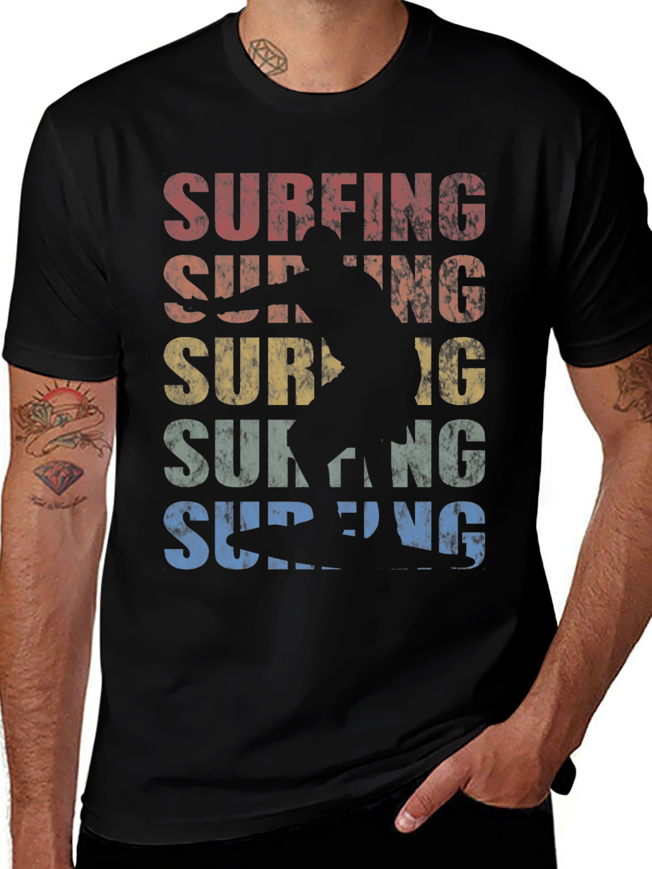 Retro Surfing Graphic Tee | Black Cotton T-Shirt