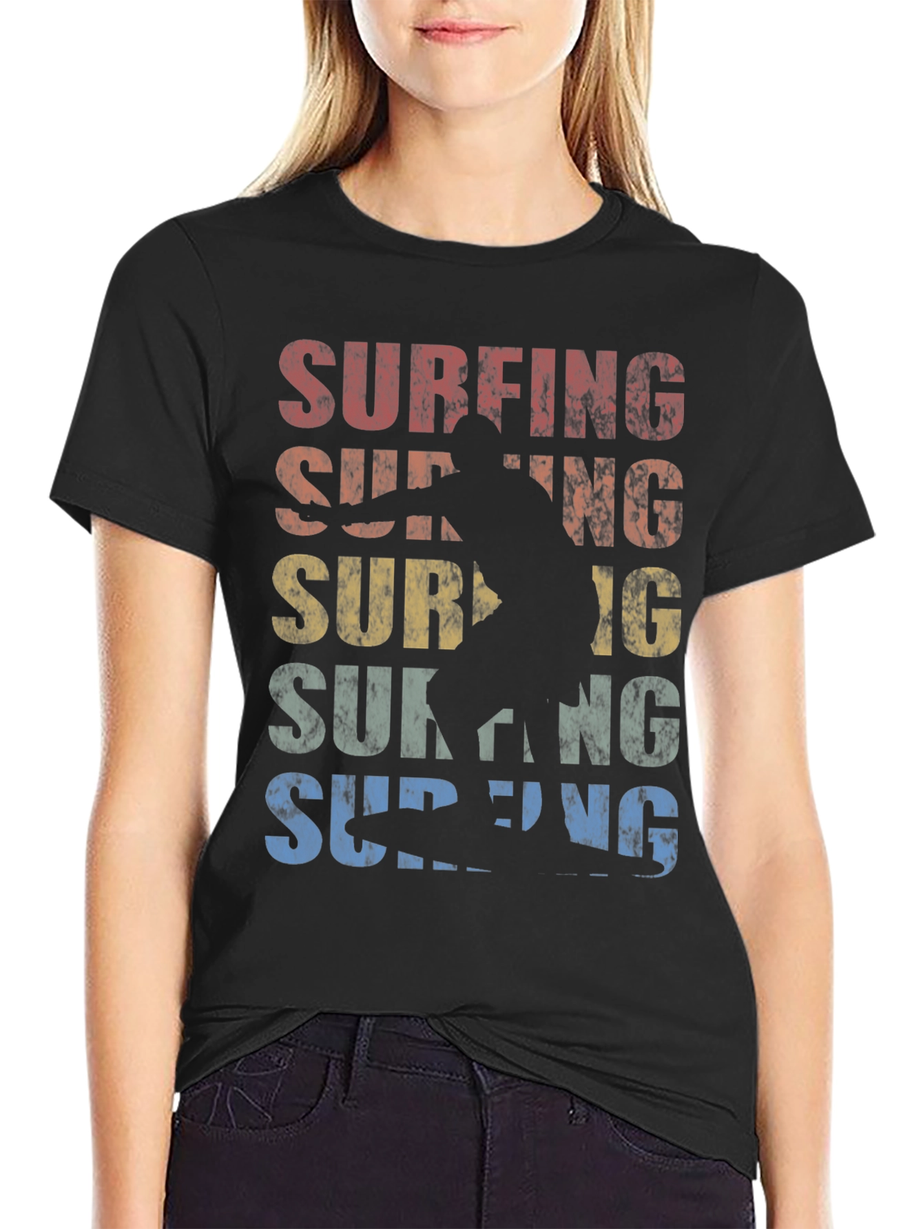 Retro Surfing Graphic Tee | Black Cotton T-Shirt