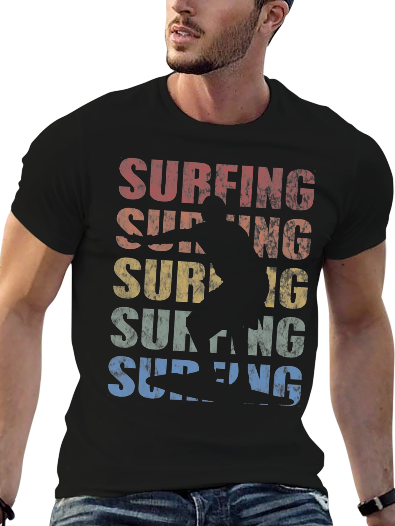 Retro Surfing Graphic Tee | Black Cotton T-Shirt