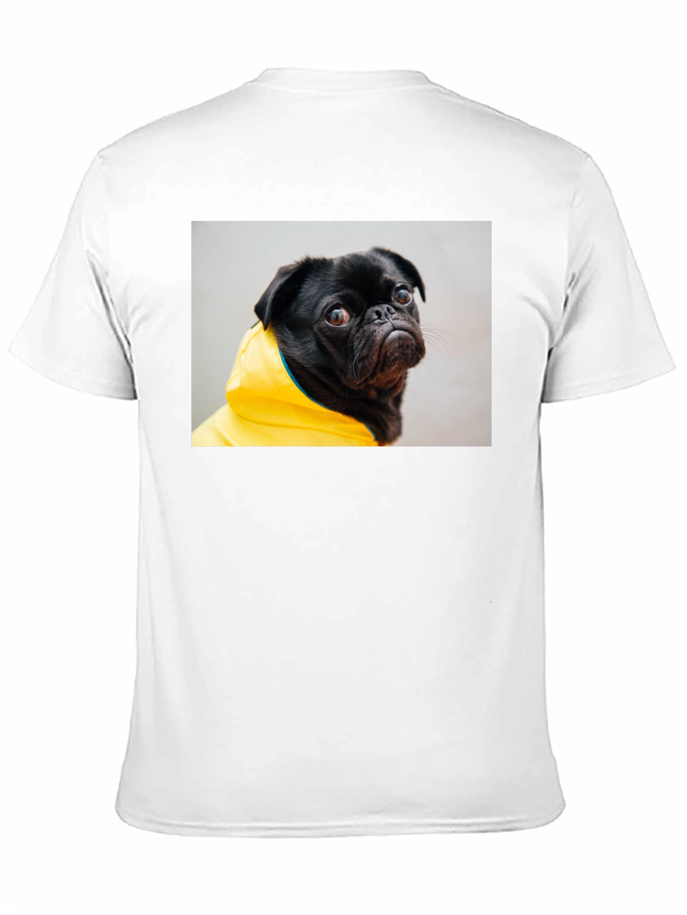 Black T-Shirt with Pug in Yellow Raincoat Graphic