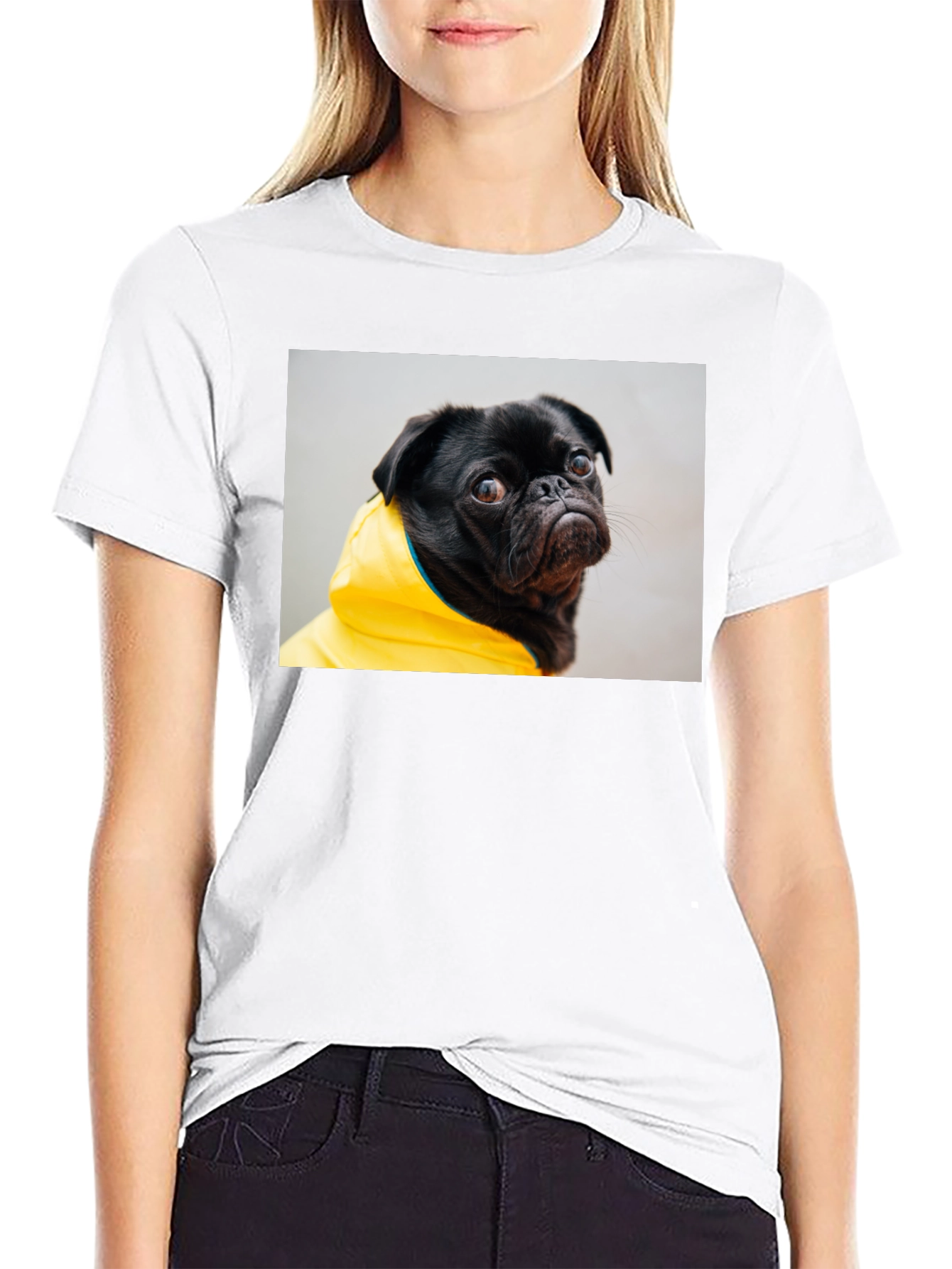 Black T-Shirt with Pug in Yellow Raincoat Graphic