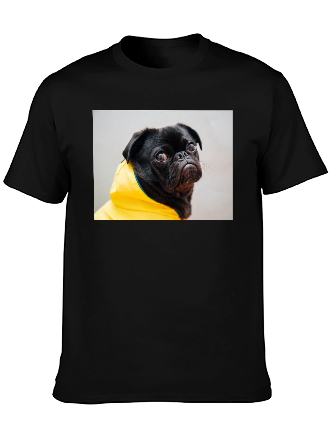 Black T-Shirt with Pug in Yellow Raincoat Graphic