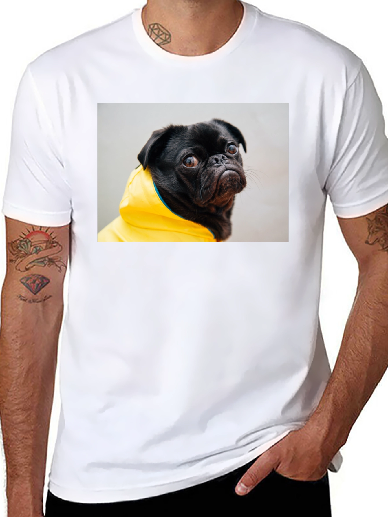 Black T-Shirt with Pug in Yellow Raincoat Graphic