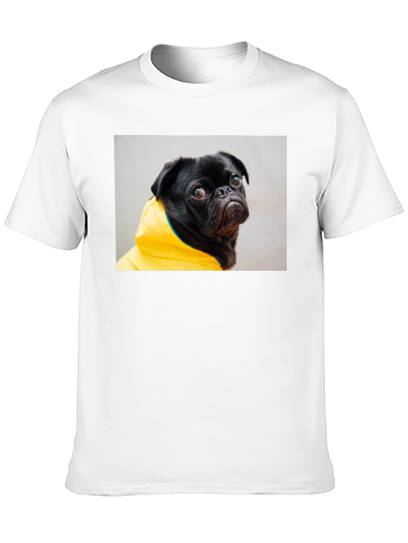 Black T-Shirt with Pug in Yellow Raincoat Graphic