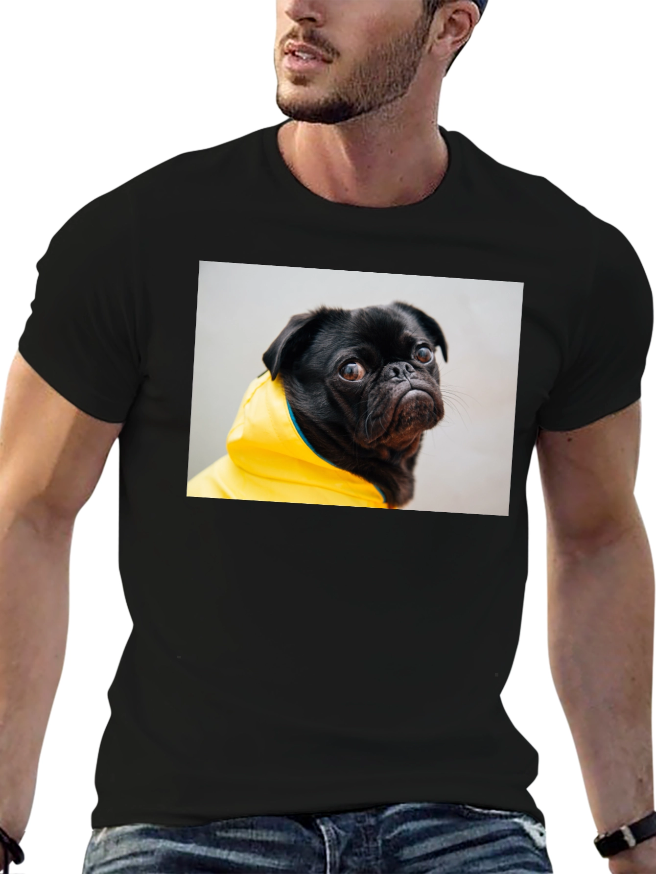 Black T-Shirt with Pug in Yellow Raincoat Graphic