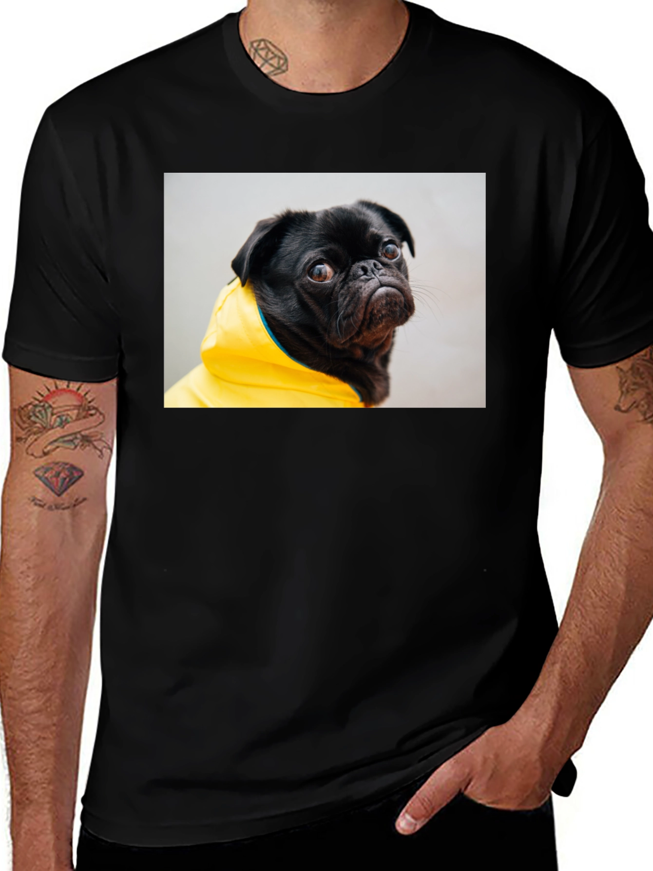 Black T-Shirt with Pug in Yellow Raincoat Graphic