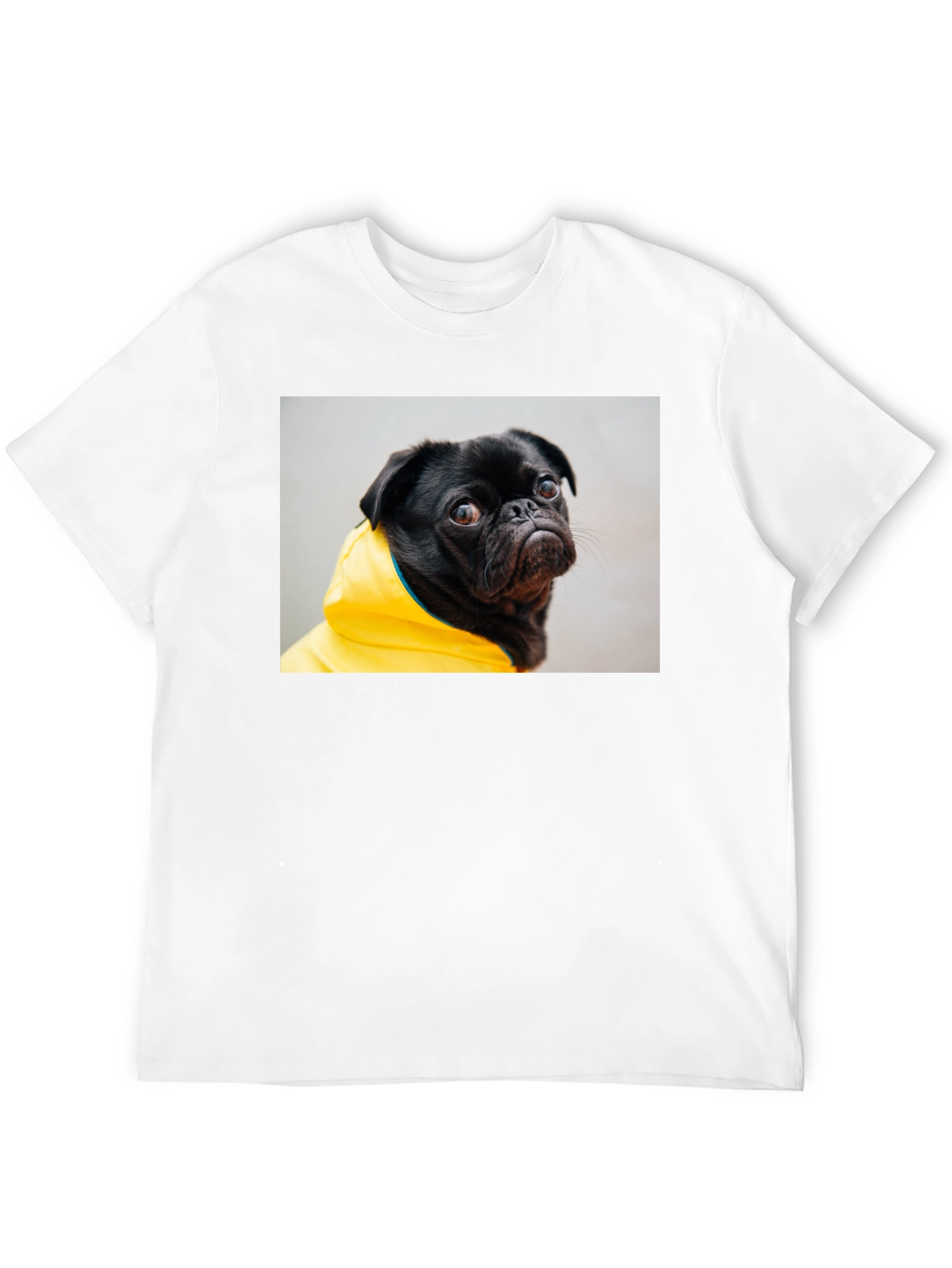 Black T-Shirt with Pug in Yellow Raincoat Graphic