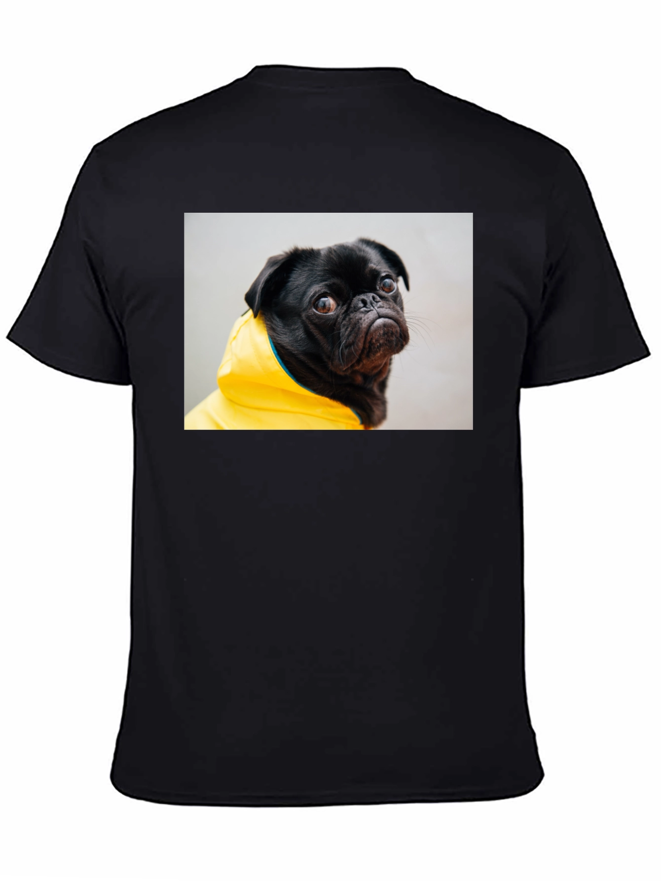 Black T-Shirt with Pug in Yellow Raincoat Graphic
