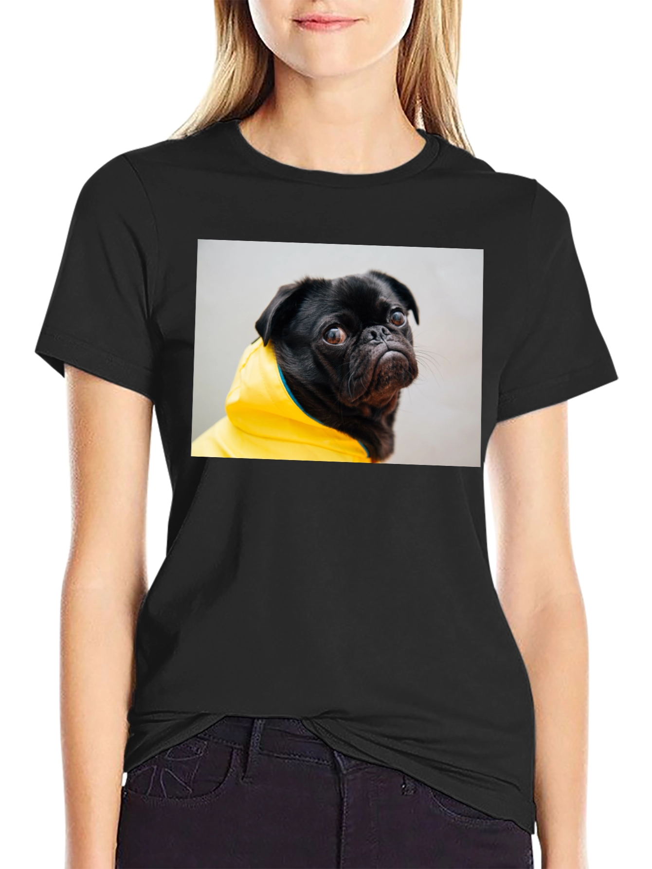 Black T-Shirt with Pug in Yellow Raincoat Graphic