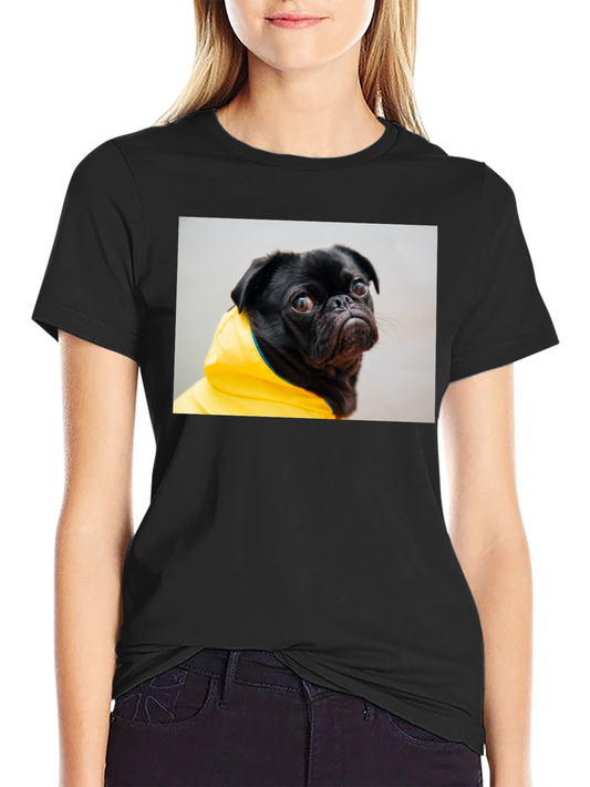 Black T-Shirt with Pug in Yellow Raincoat Graphic