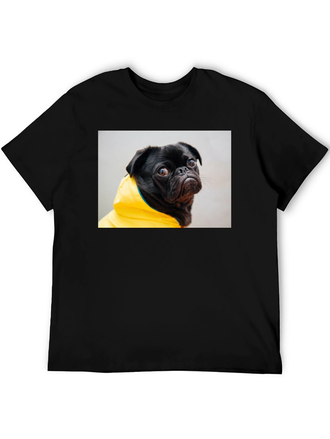 Black T-Shirt with Pug in Yellow Raincoat Graphic
