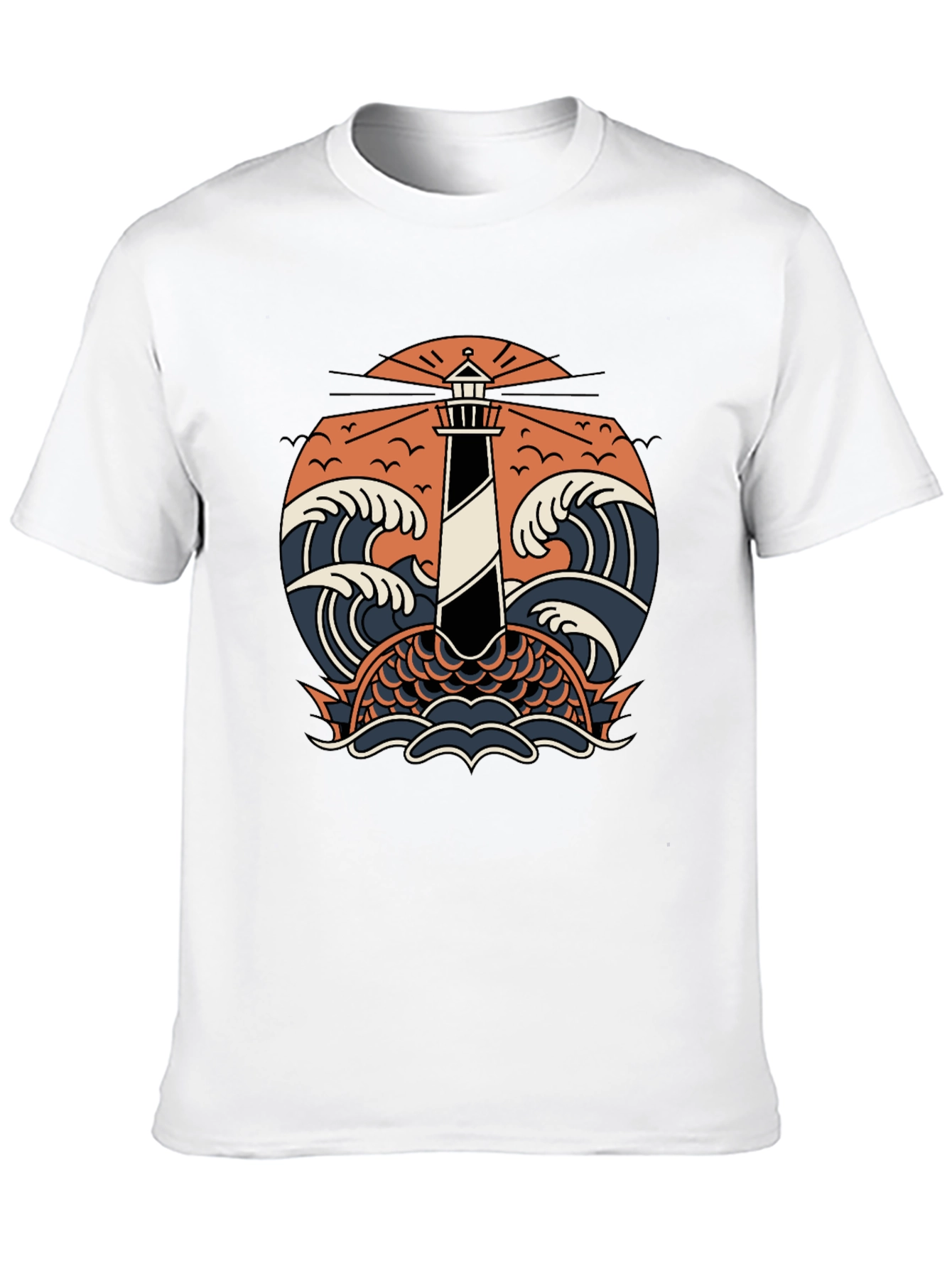 Lighthouse & Waves Graphic Tee - Black Cotton Shirt
