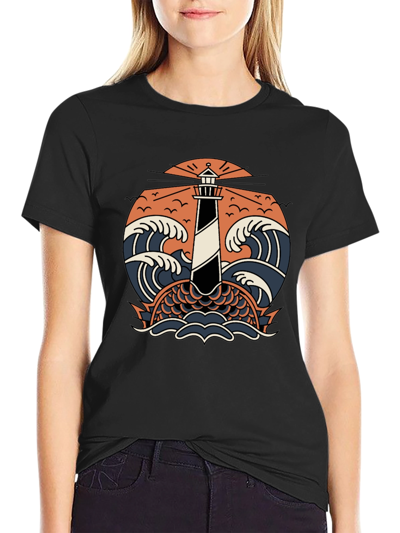 Lighthouse & Waves Graphic Tee - Black Cotton Shirt