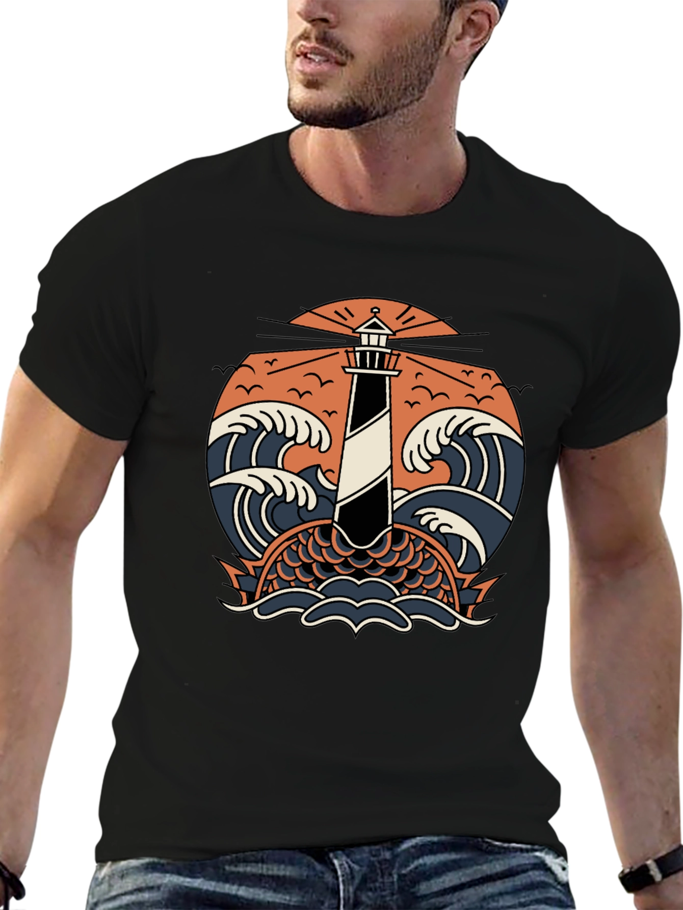 Lighthouse & Waves Graphic Tee - Black Cotton Shirt
