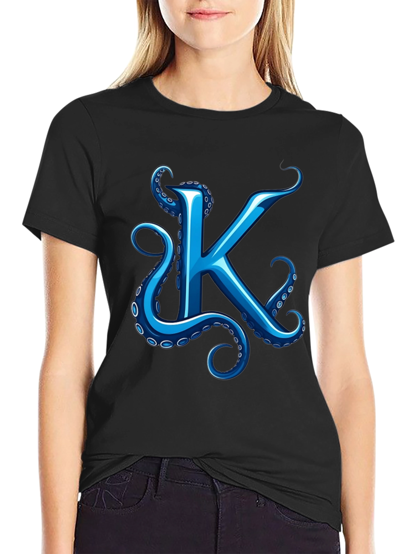 Octopus K Letter Graphic Black T-Shirt