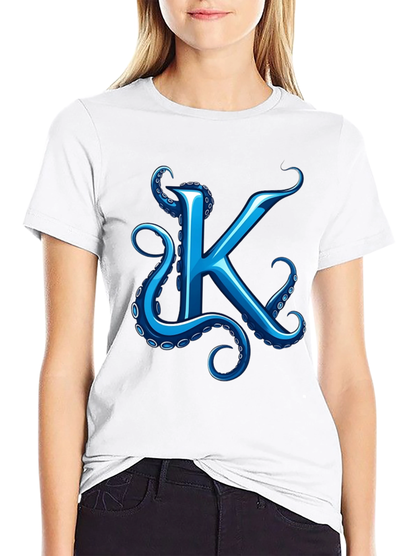 Octopus K Letter Graphic Black T-Shirt